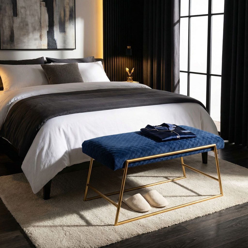 Neptune Bench Ottoman in Blue Fabric, Painted Gold Metal Base