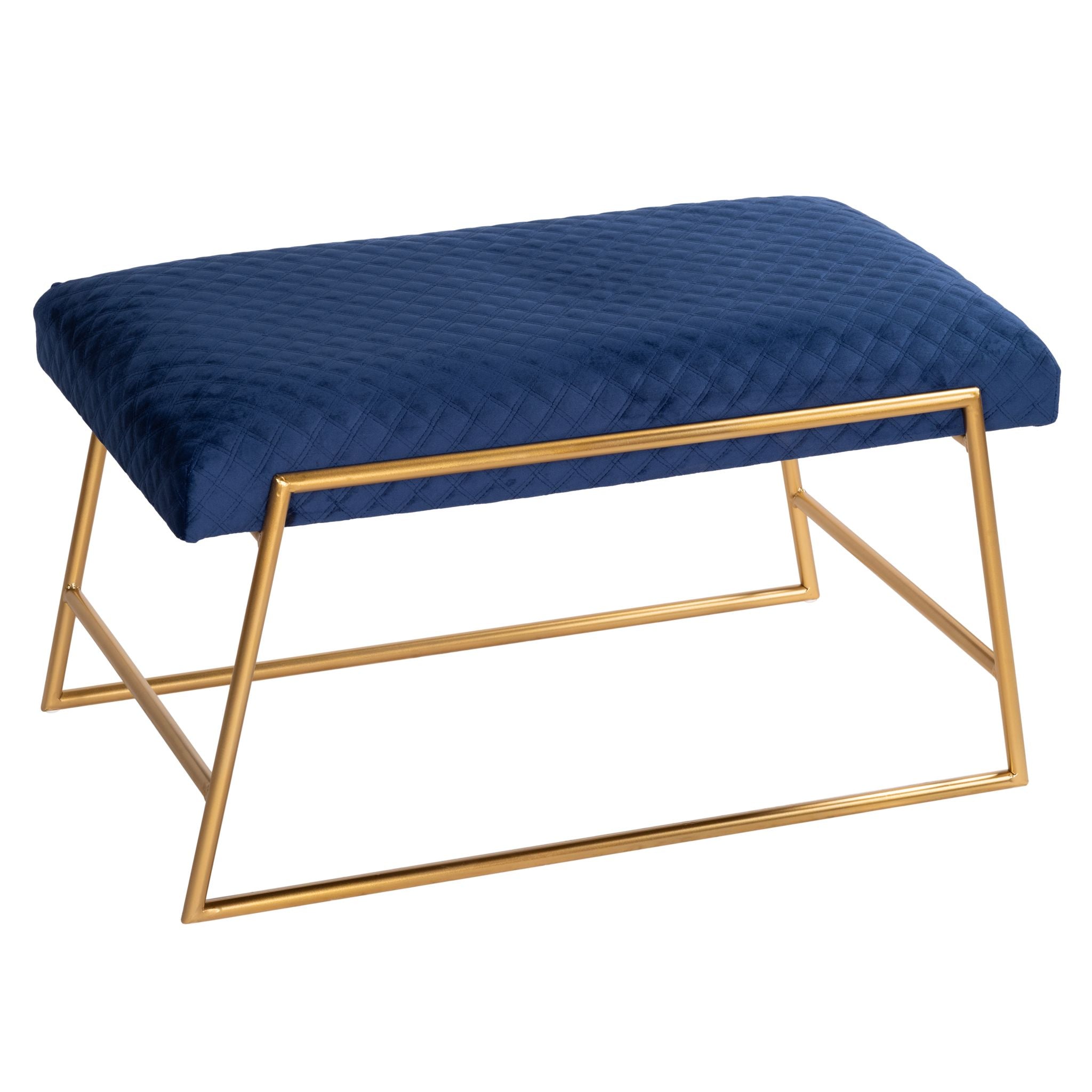 Neptune Bench Ottoman in Blue Fabric, Painted Gold Metal Base