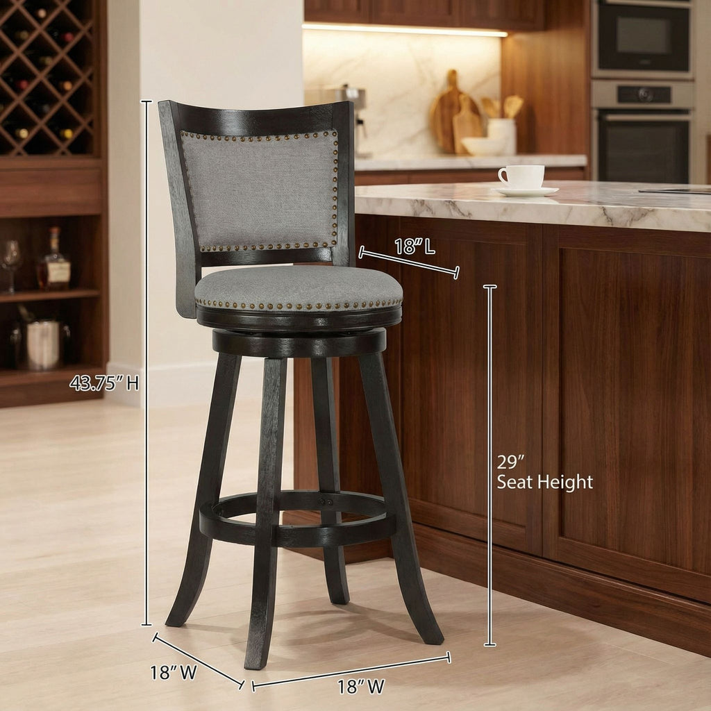 Ferne Solid Wood Swivel Barstool, 29" Gray Fabric