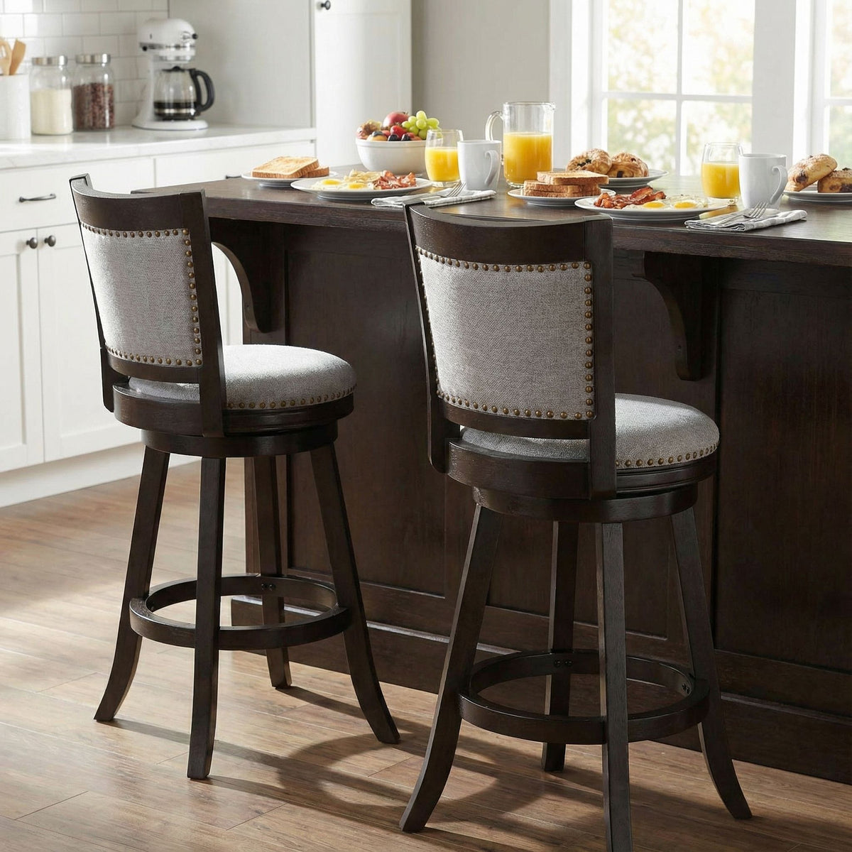 Ferne Solid Wood Swivel Barstool, 29" Gray Fabric
