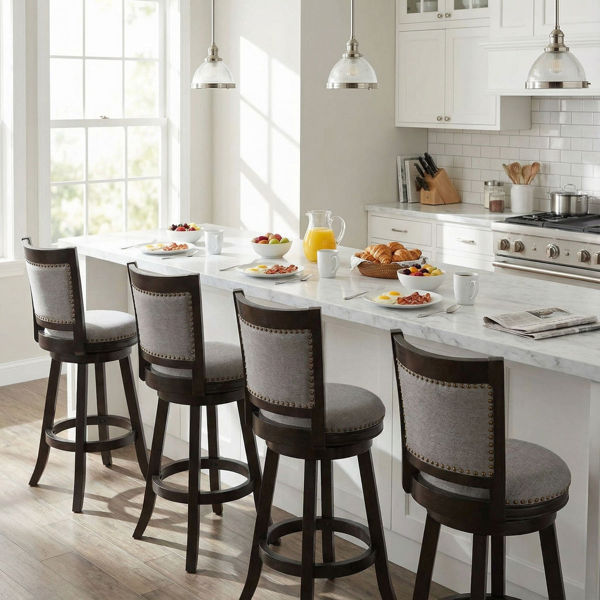 Ferne Solid Wood Swivel Barstool, 29" Gray Fabric