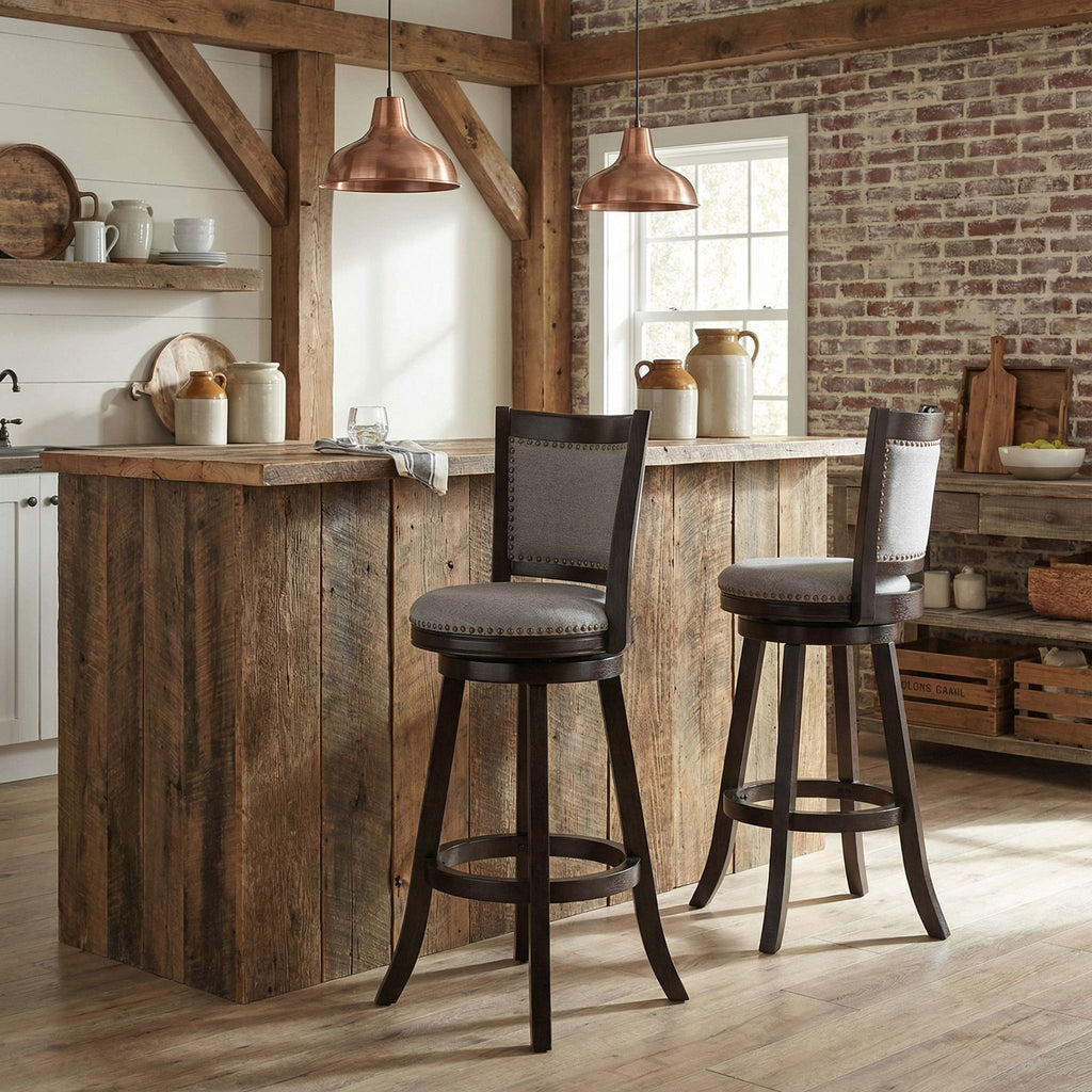 Ferne Solid Wood Swivel Barstool, 29" Gray Fabric