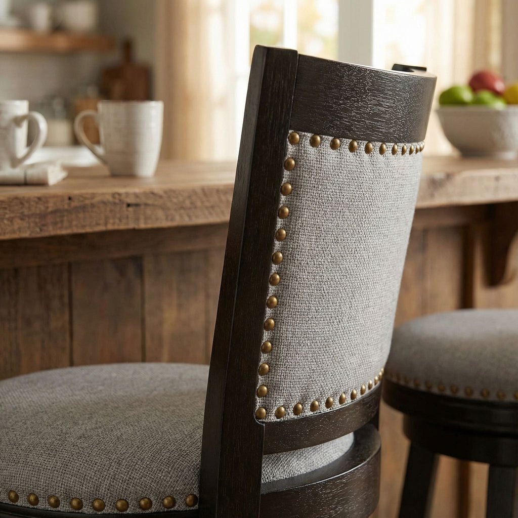 Ferne Solid Wood Swivel Barstool, 29" Gray Fabric
