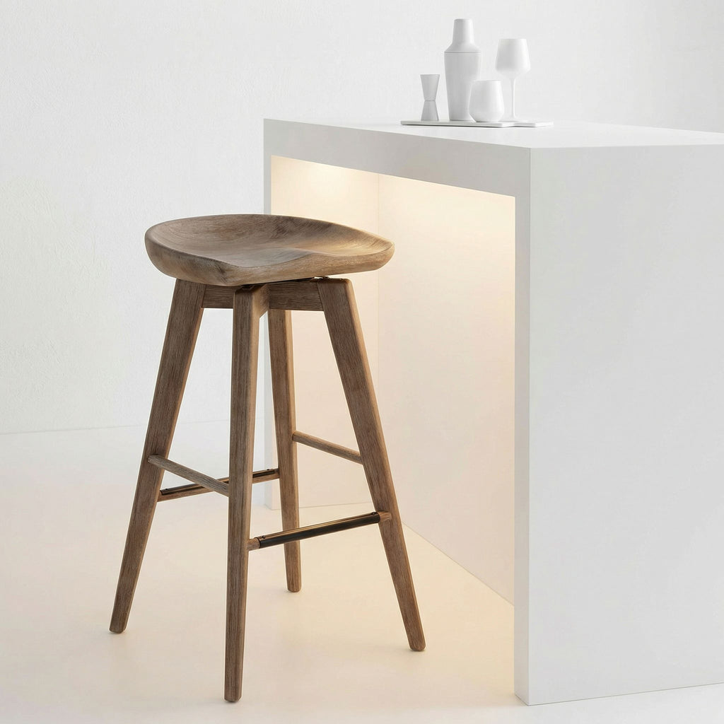 Tiwi Backless Swivel BarStool in Solid Wood, 29" Whitewash Gray