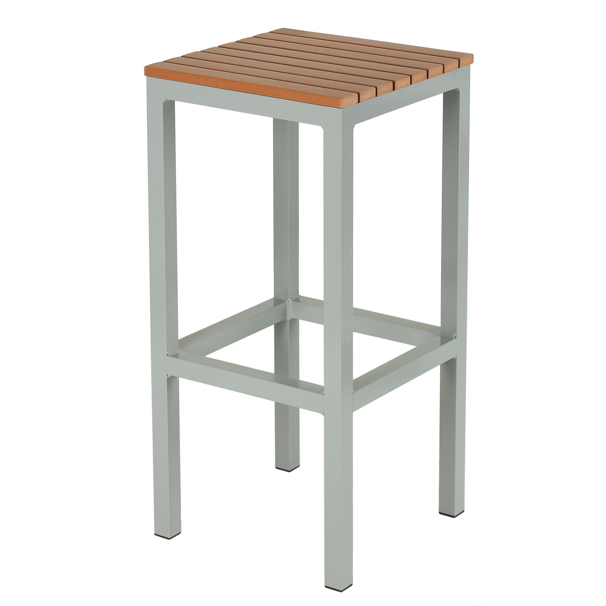 Cortesi Home Lola Aluminum Outdoor Backless Barstool in Poly Resin, Silver/Teak