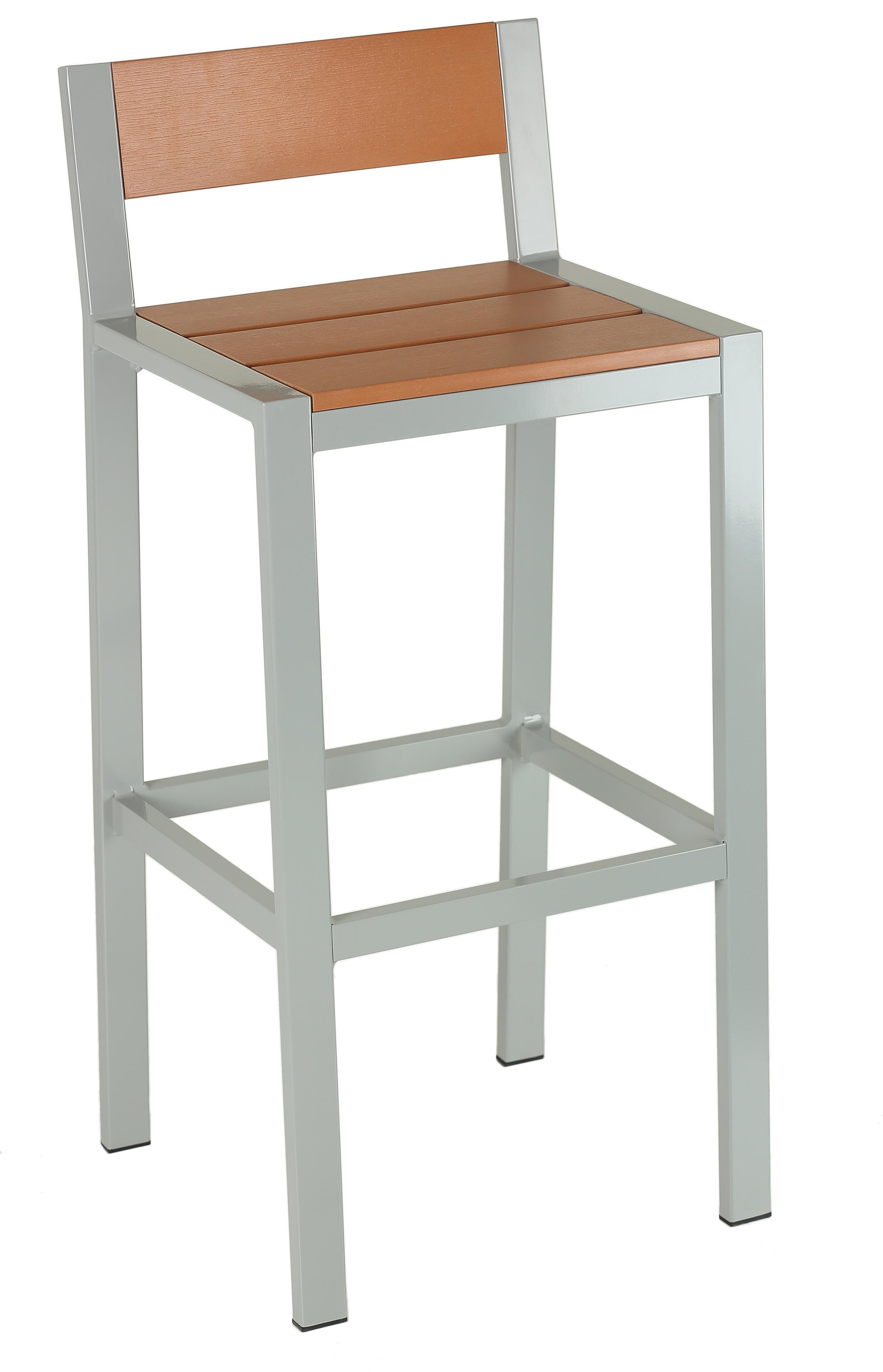 Lola Aluminum Outdoor Barstool in Poly Resin, Silver/Teak