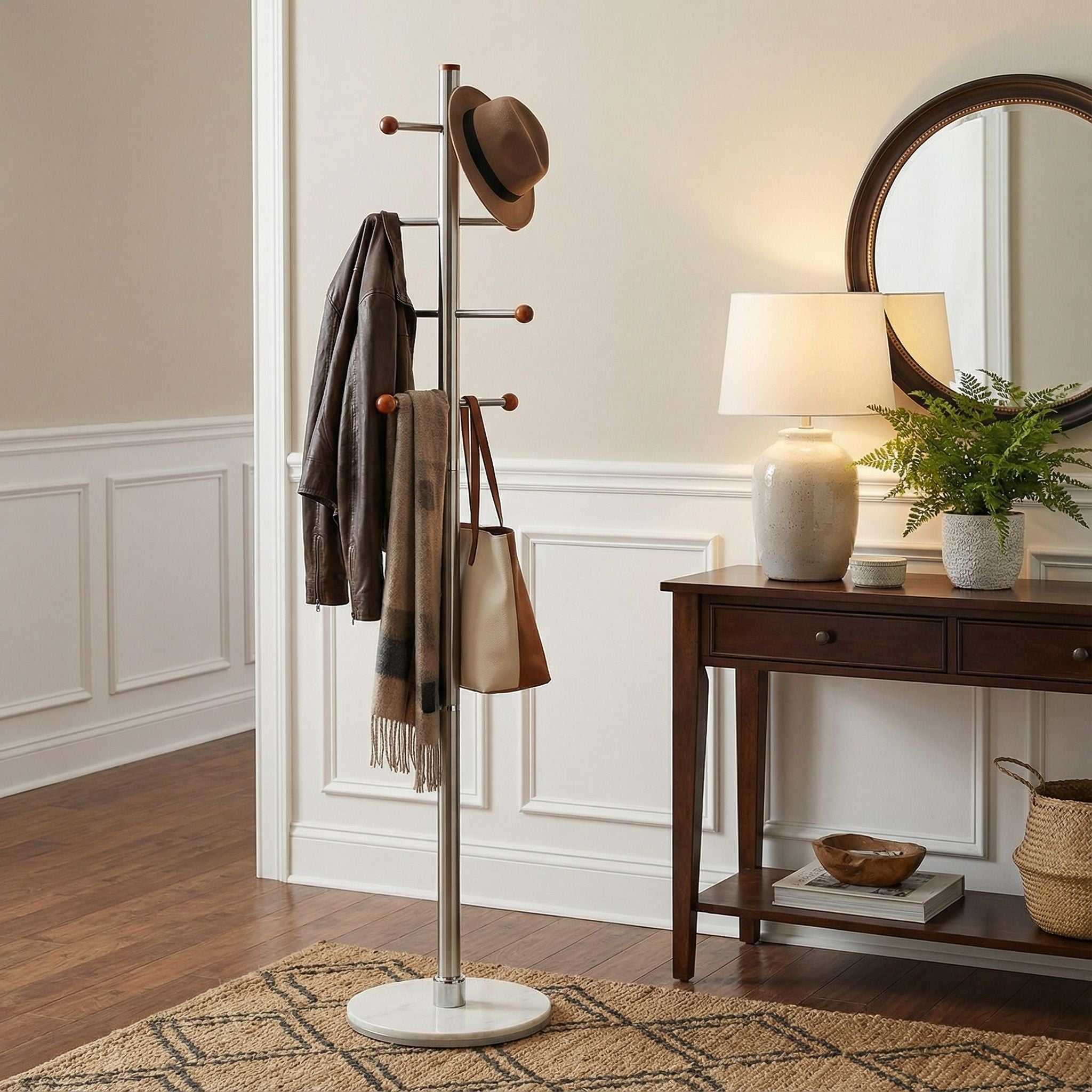 Antenna Cherry Six Foot Chrome, Cherry Wood Coat Rack, Light Marble