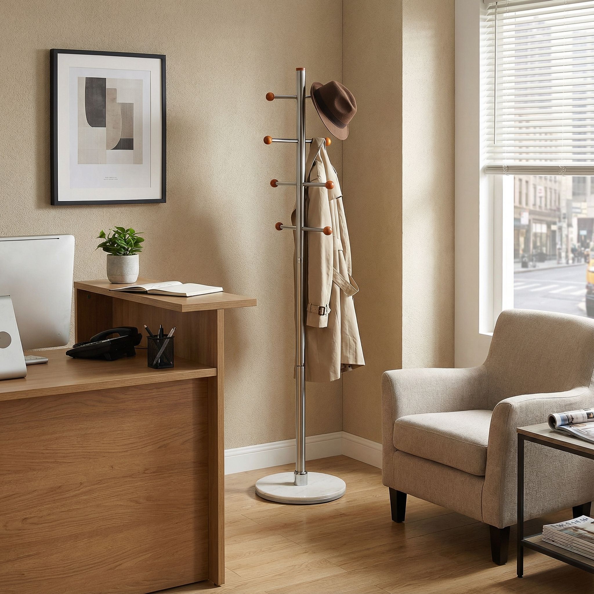 Antenna Cherry Six Foot Chrome, Cherry Wood Coat Rack, Light Marble