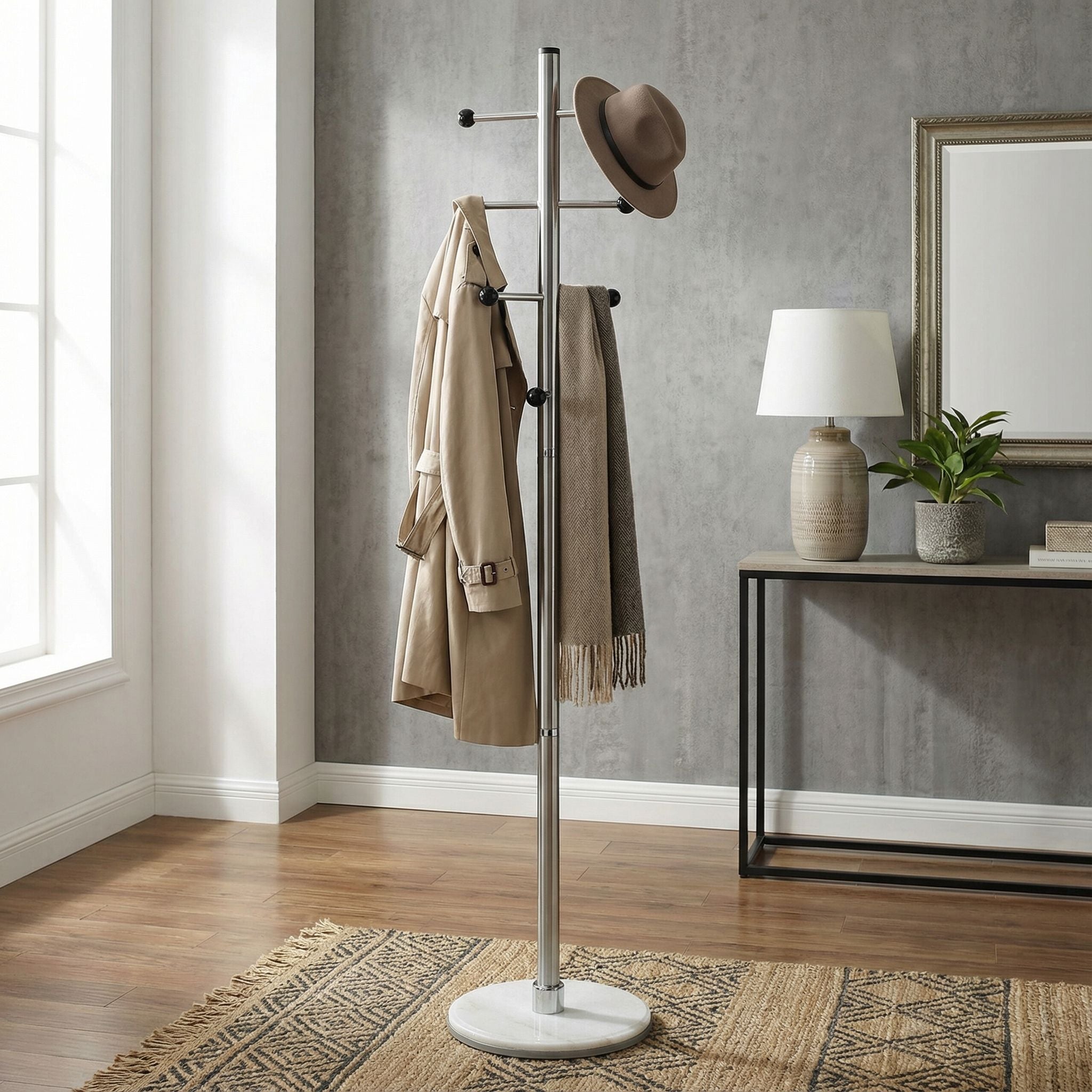 Antenna Black Six Foot Chrome and Wood Coat Rack, Light Marble
