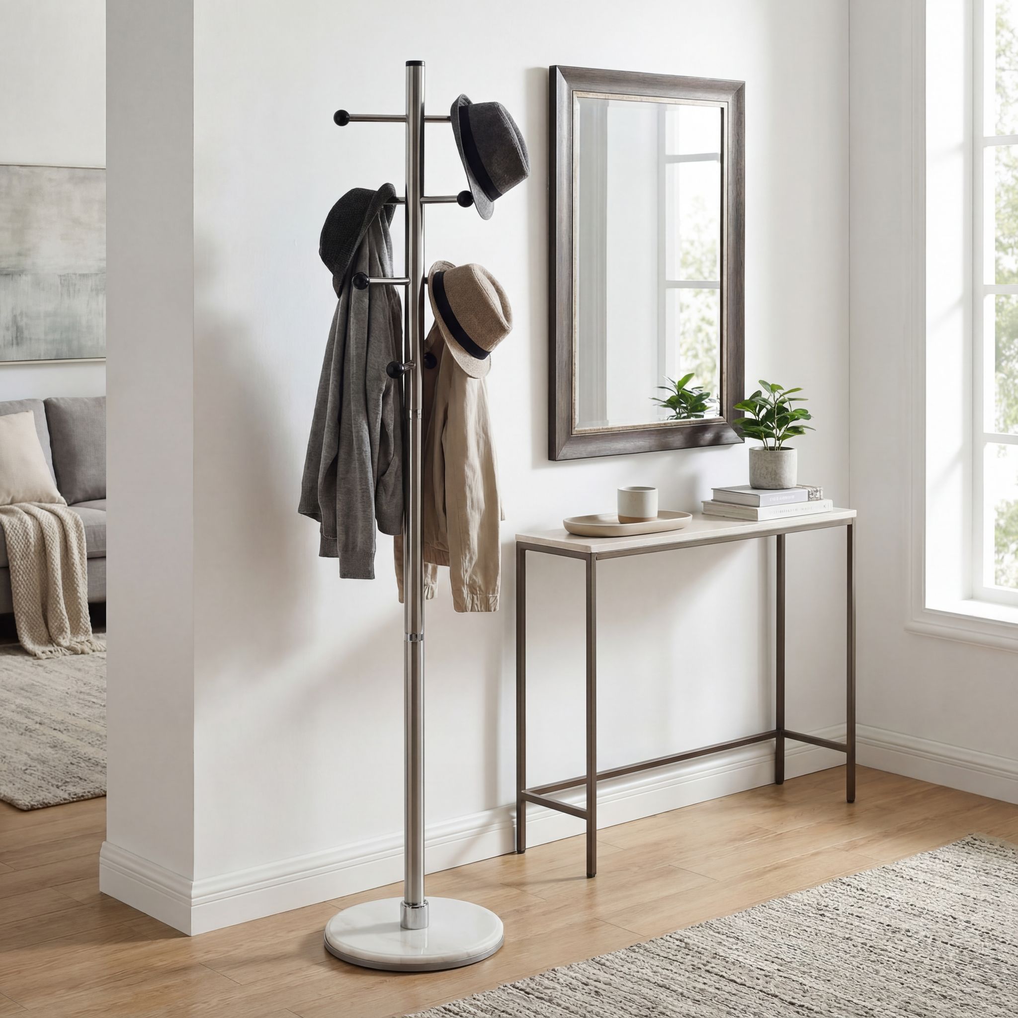Antenna Black Six Foot Chrome and Wood Coat Rack, Light Marble