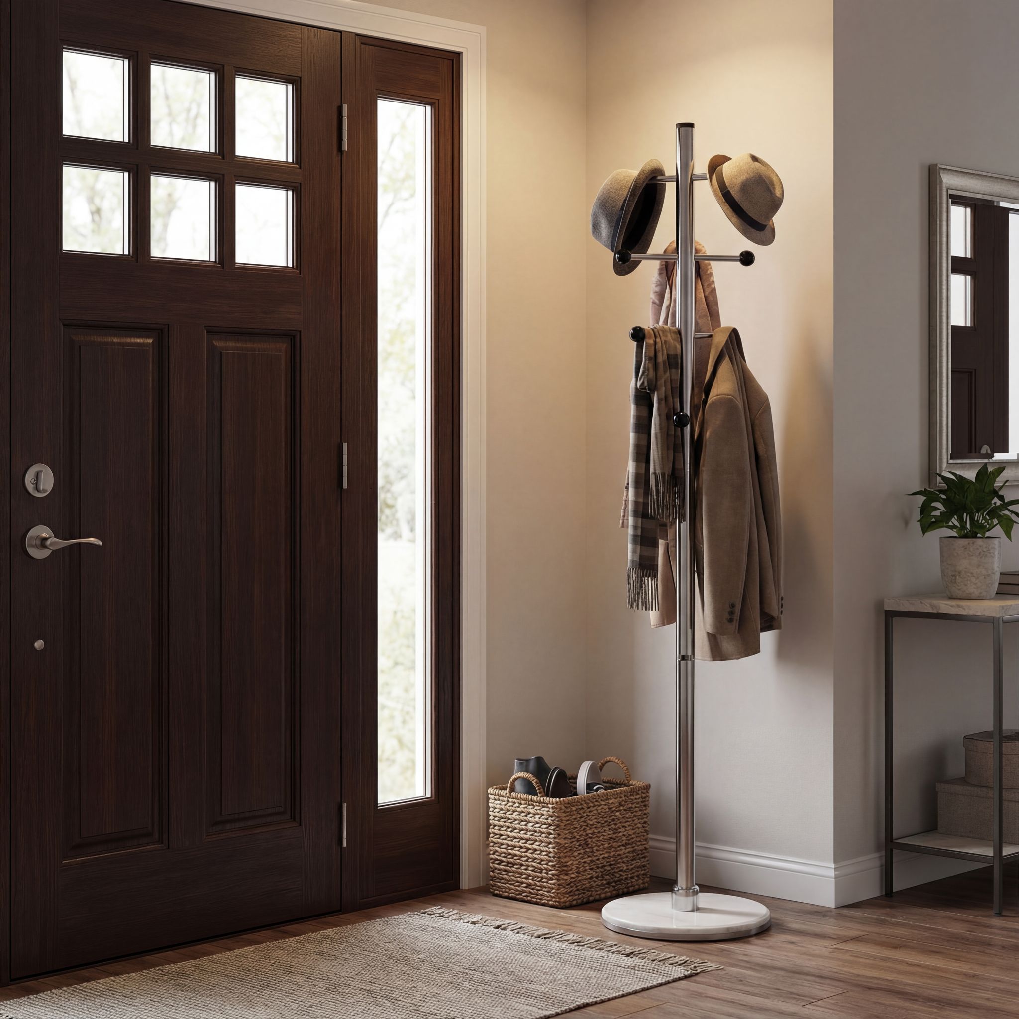 Antenna Black Six Foot Chrome and Wood Coat Rack, Light Marble