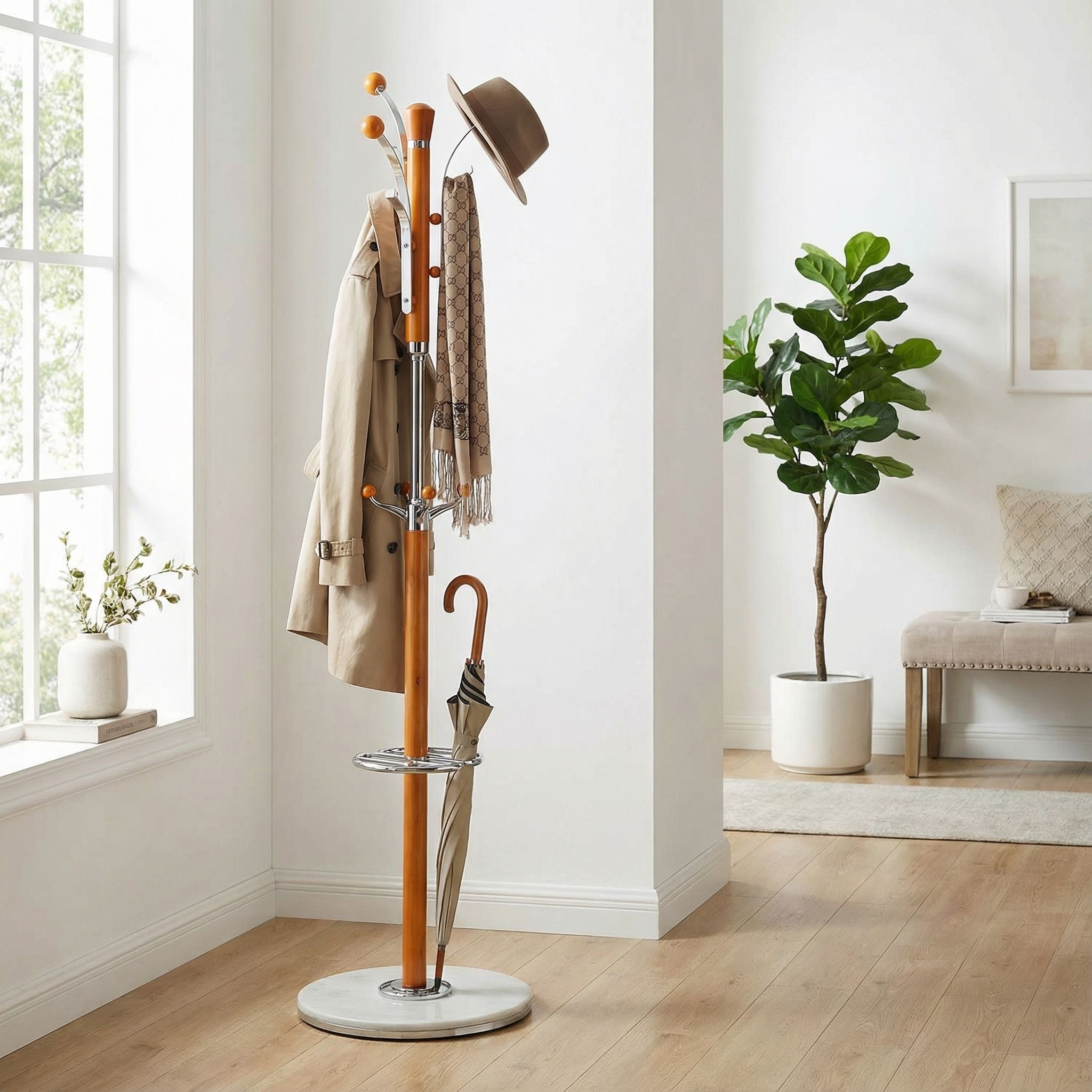 Alpine Light  Chrome and Natural Wood Coat Rack, Light Marble