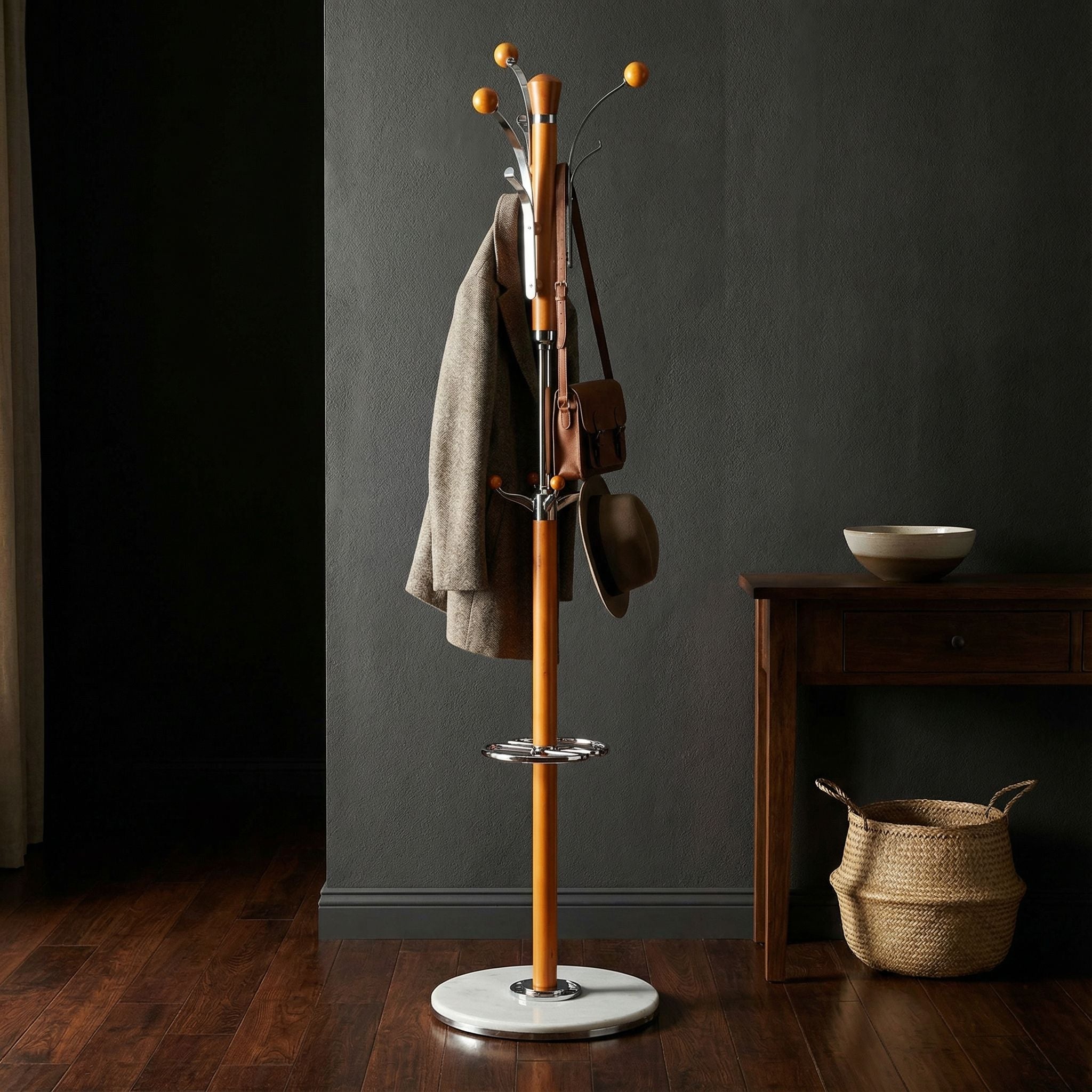Alpine Light  Chrome and Natural Wood Coat Rack, Light Marble