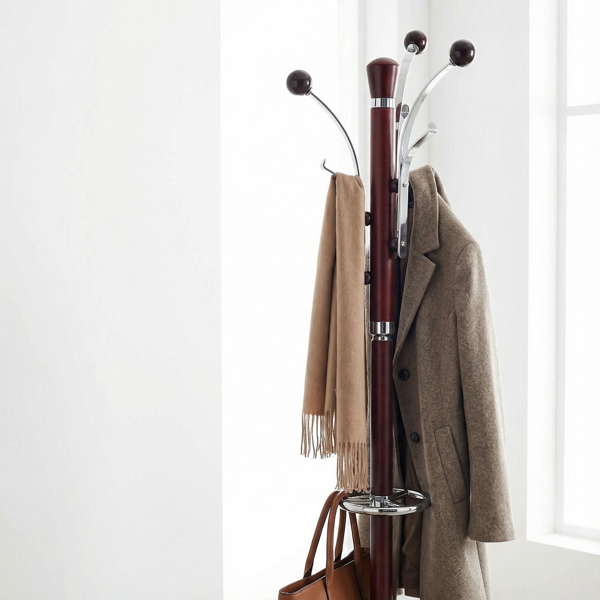 Alpine Dark Chrome and Red Wood Coat Rack, Dark Marble