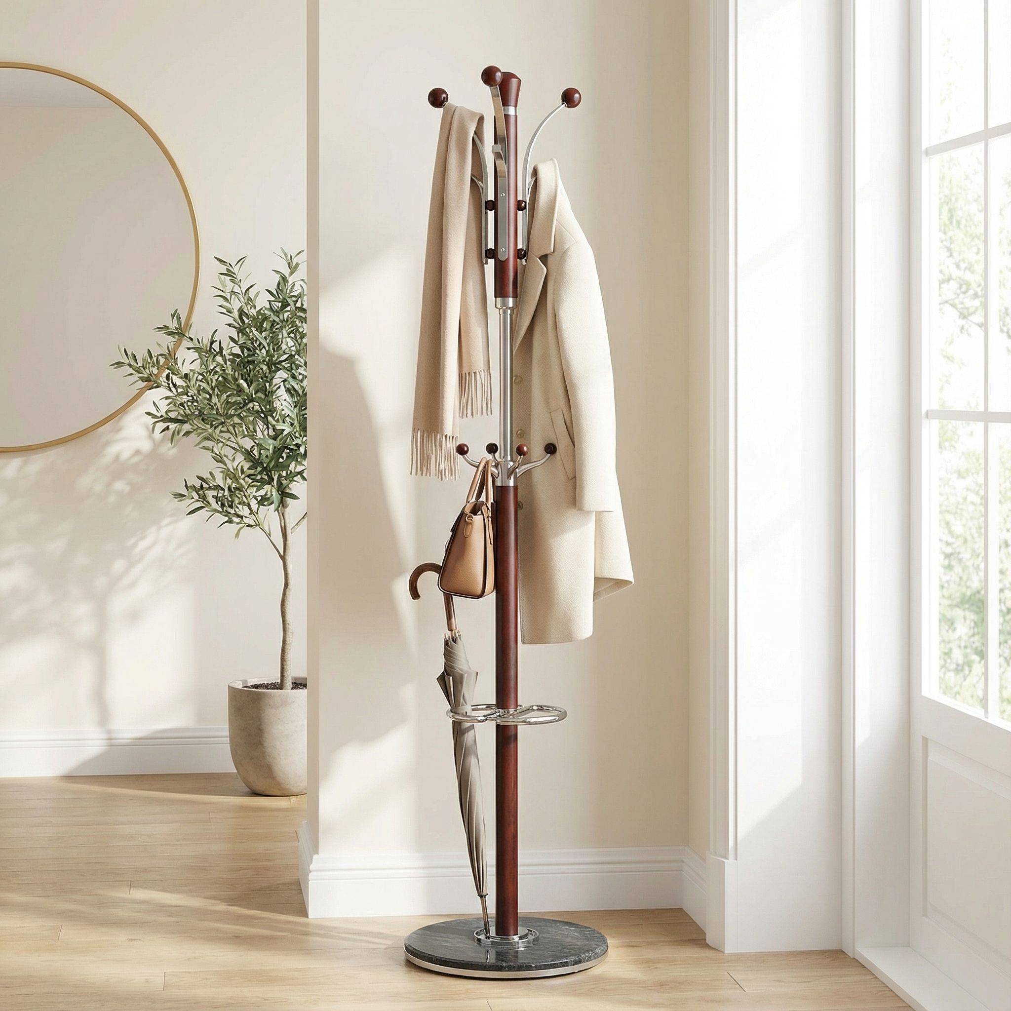 Alpine Dark Chrome and Red Wood Coat Rack, Dark Marble