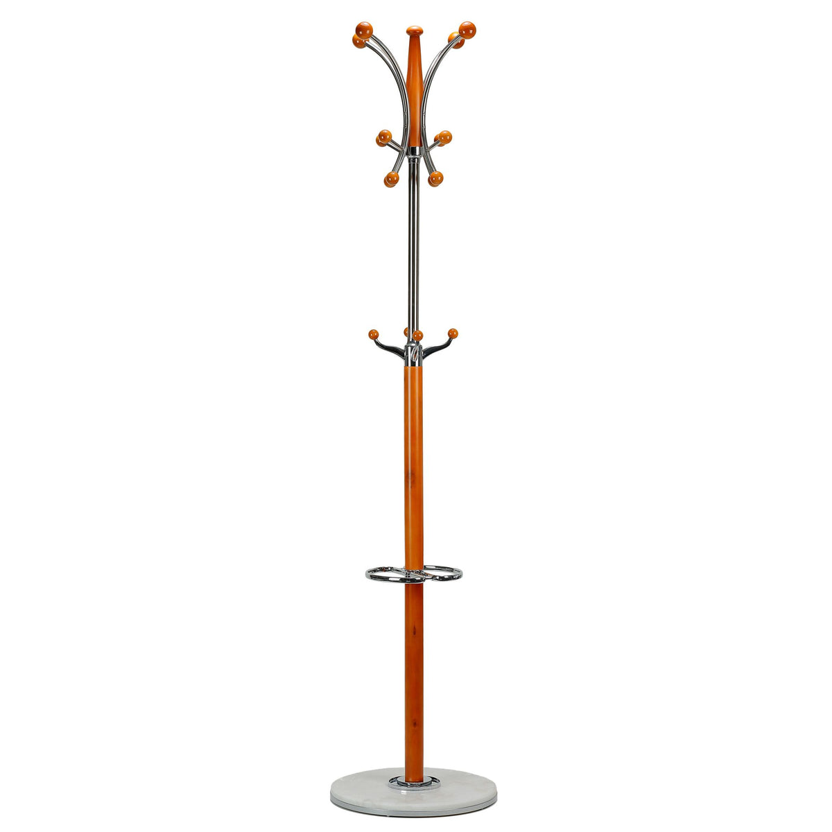 Octopus Contemporary Six Foot Chrome and Natural Wood Coat Rack, Light Marble