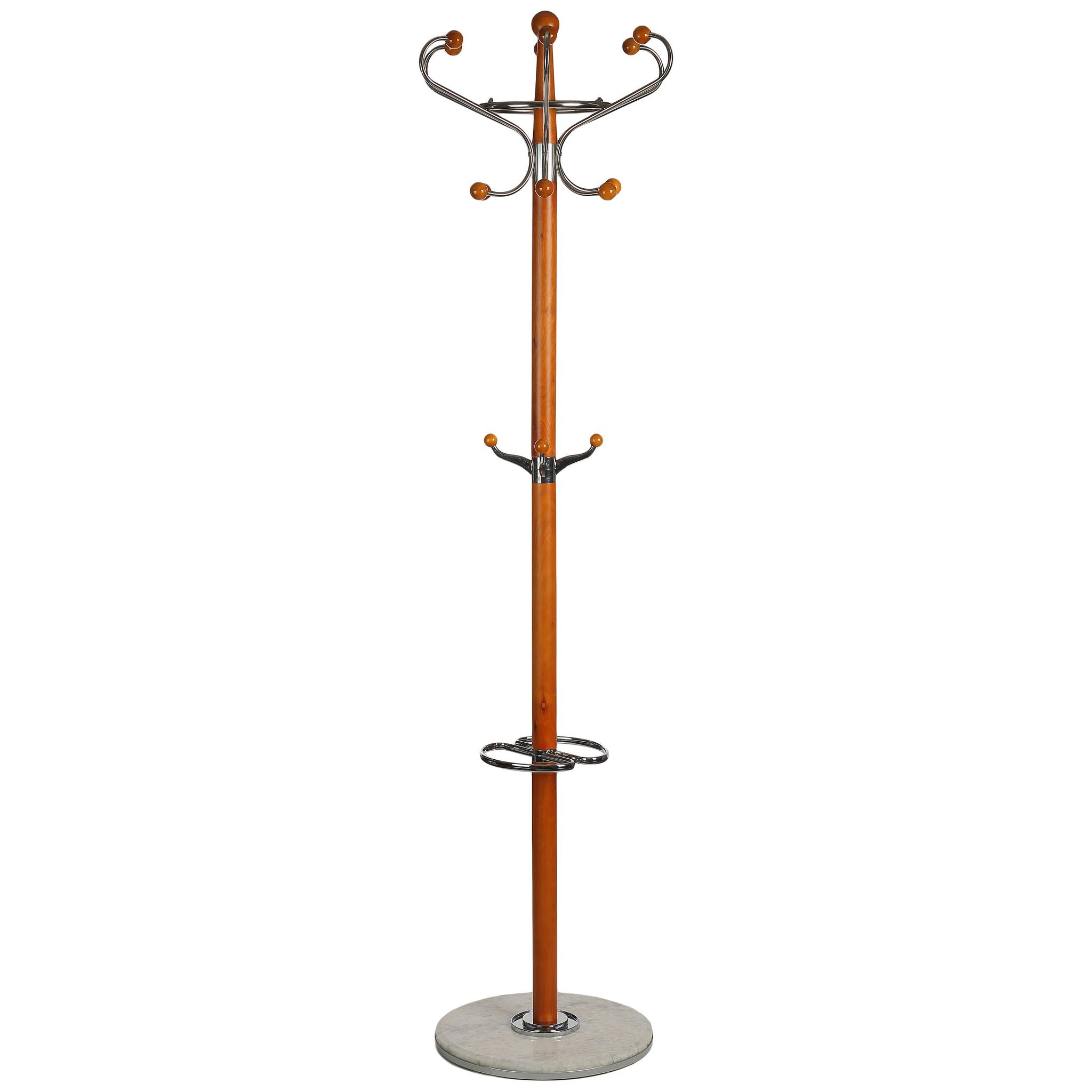 Optima Light Six Foot Chrome and Natural Wood Coat Rack, Light Marble
