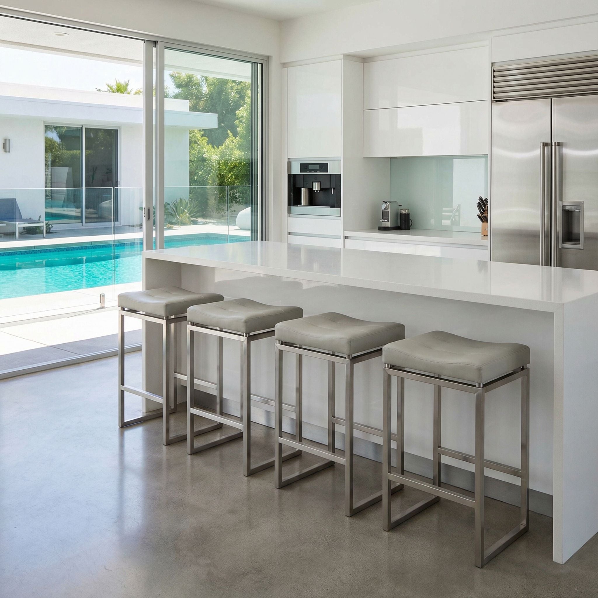 Isis Counter-Height Stool in Brushed Stainless Steel, Light Grey