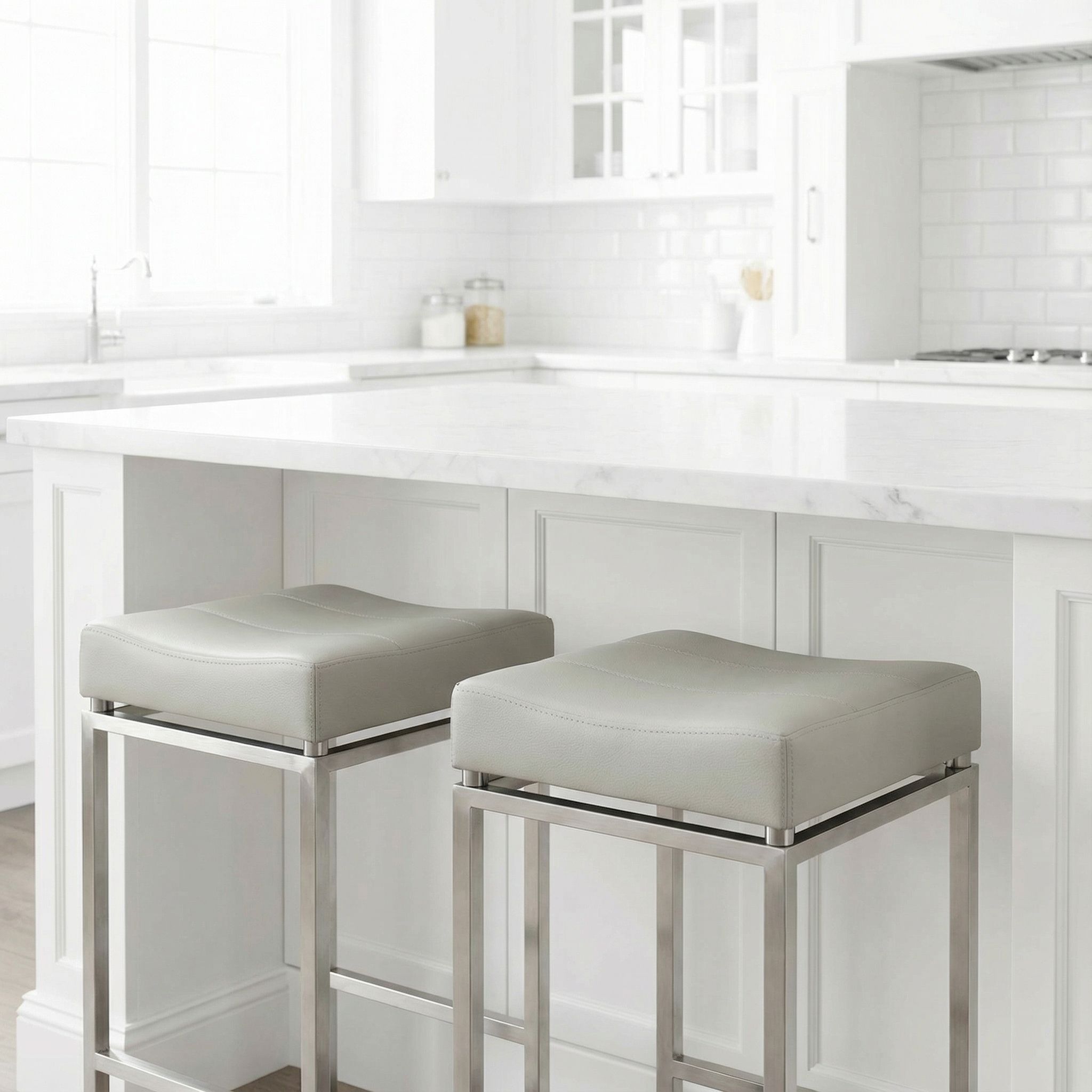 Isis Counter-Height Stool in Brushed Stainless Steel, Light Grey