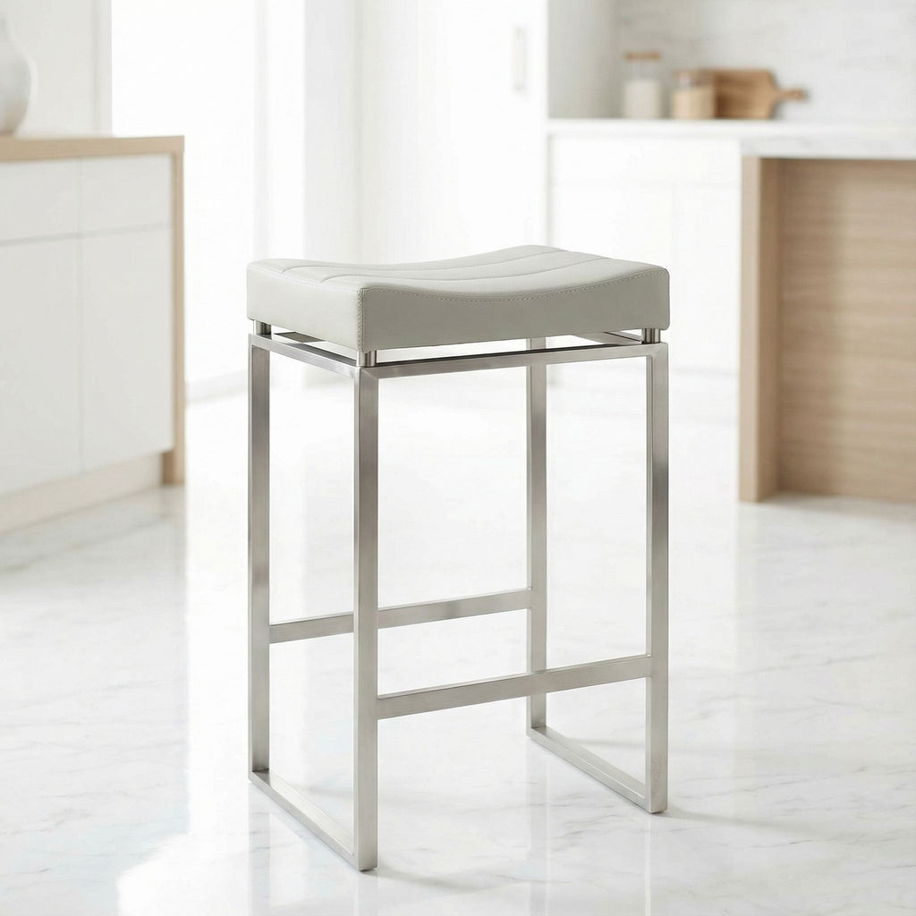 Isis Counter-Height Stool in Brushed Stainless Steel, Light Grey