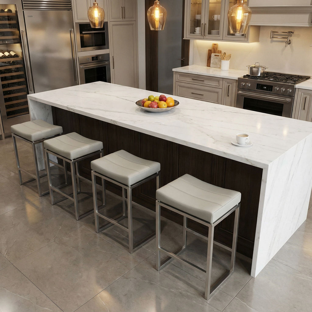 Isis Counter-Height Stool in Brushed Stainless Steel, Light Grey