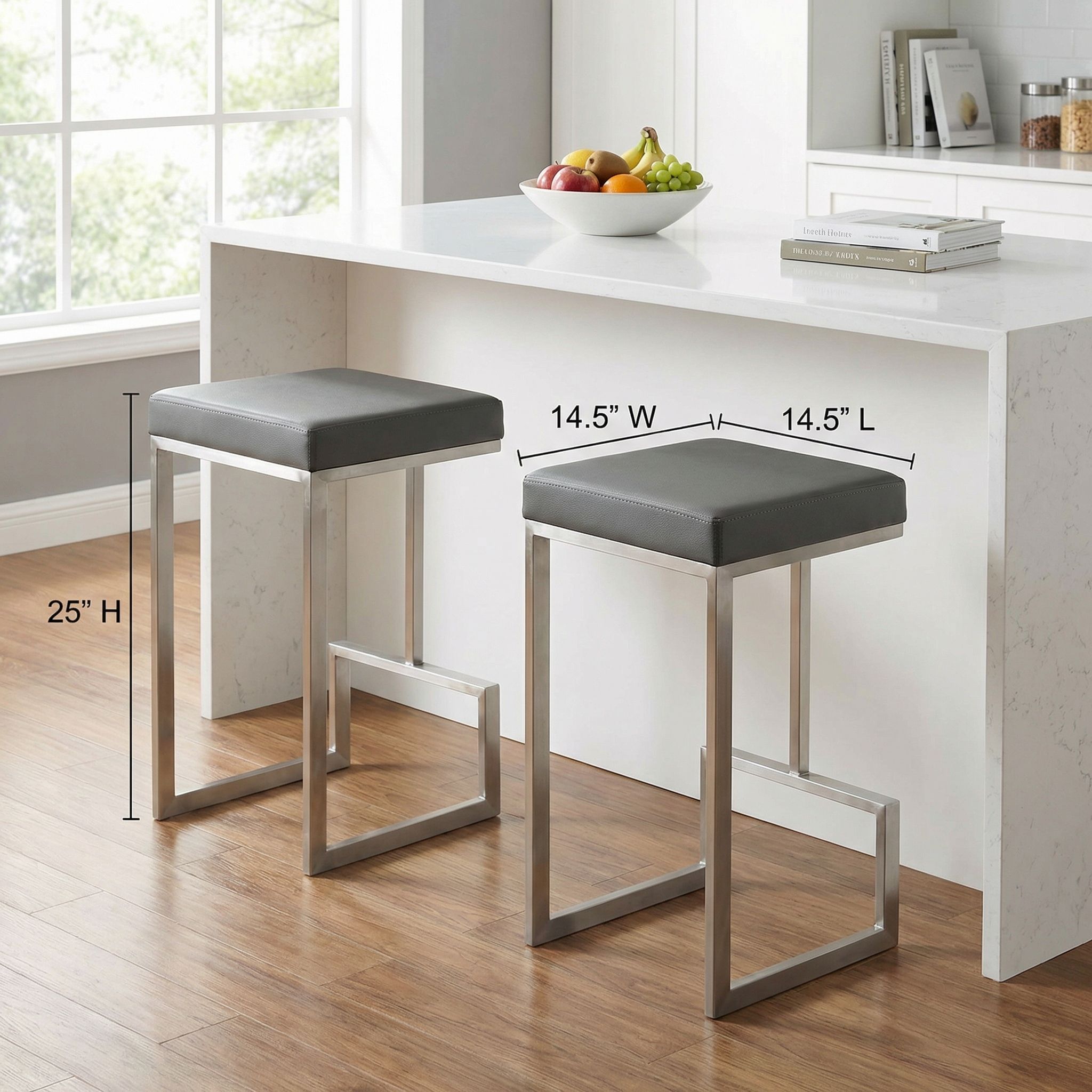 Ares Counter Height Stools in Brushed Stainless Steel, Set of 2, Grey