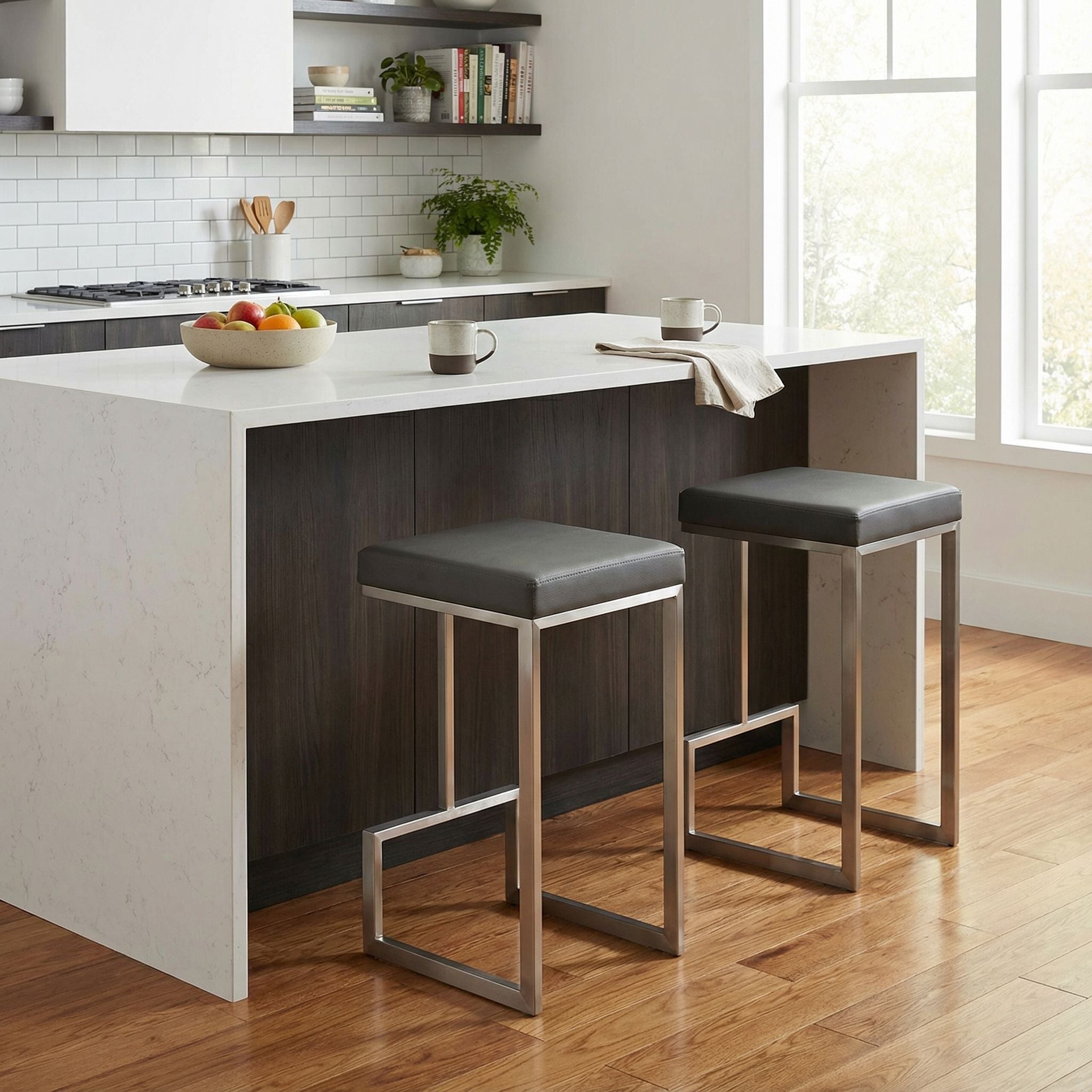 Ares Counter Height Stools in Brushed Stainless Steel, Set of 2, Grey