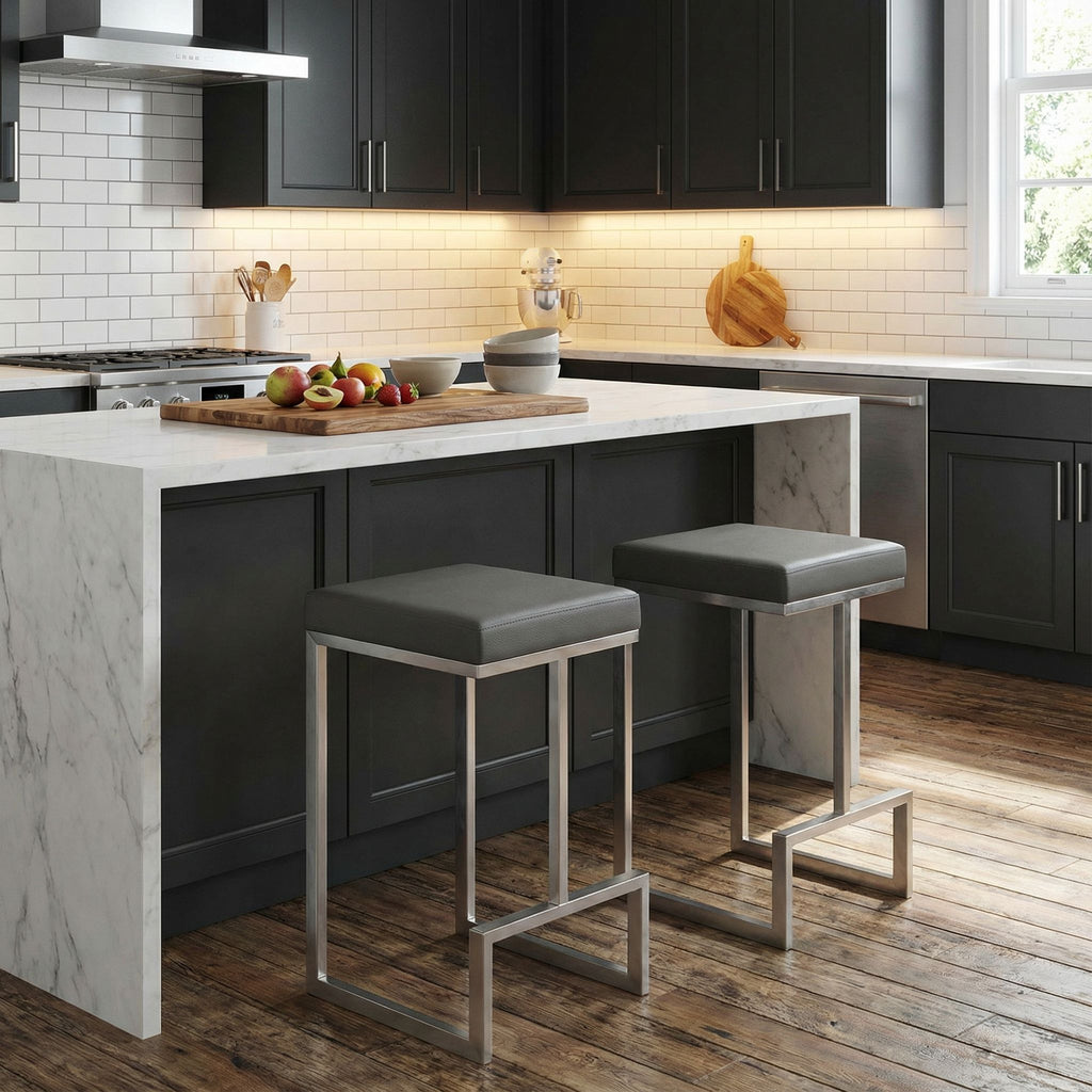 Ares Counter Height Stools in Brushed Stainless Steel, Set of 2, Grey