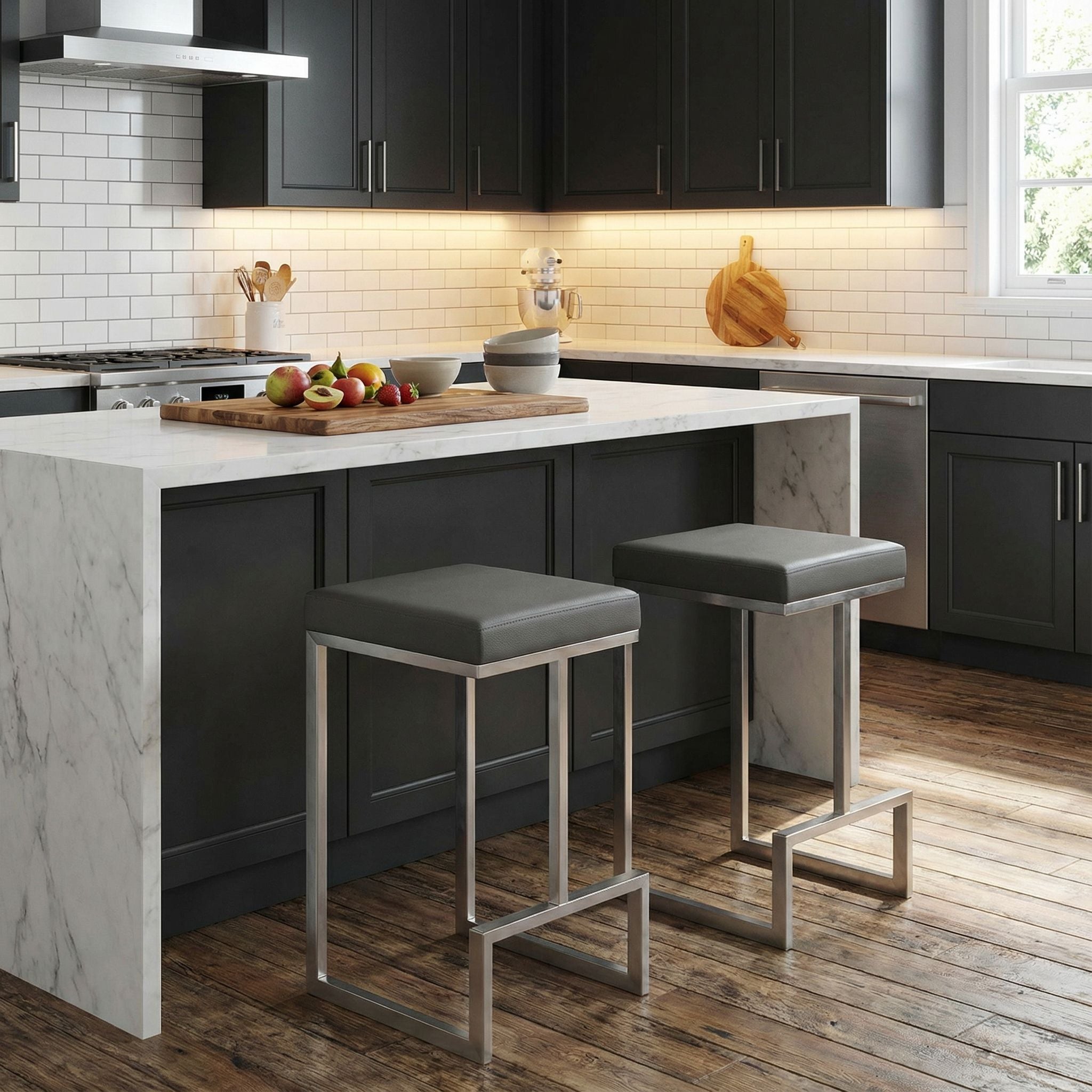 Ares Counter Height Stools in Brushed Stainless Steel, Set of 2, Grey