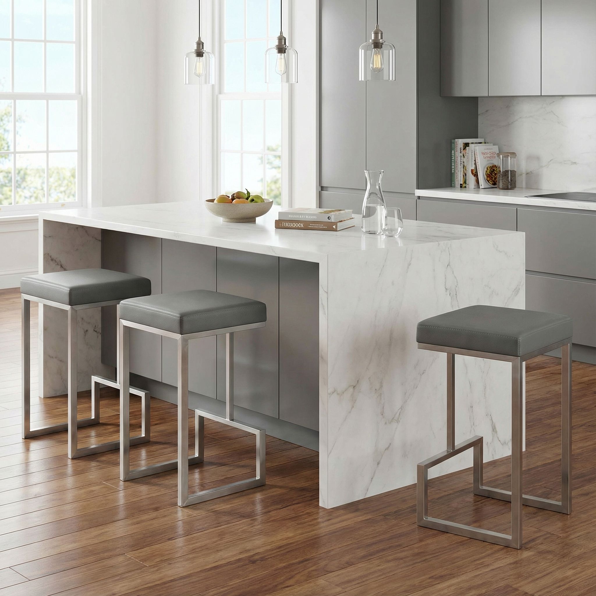 Ares Counter Height Stools in Brushed Stainless Steel, Set of 2, Grey