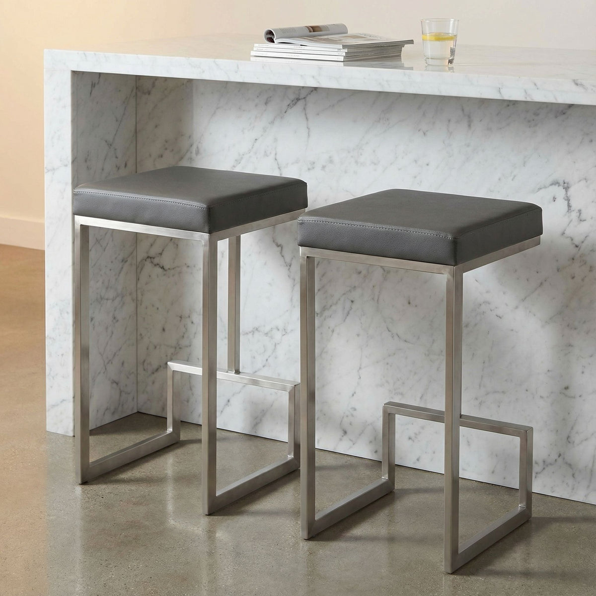 Ares Counter Height Stools in Brushed Stainless Steel, Set of 2, Grey