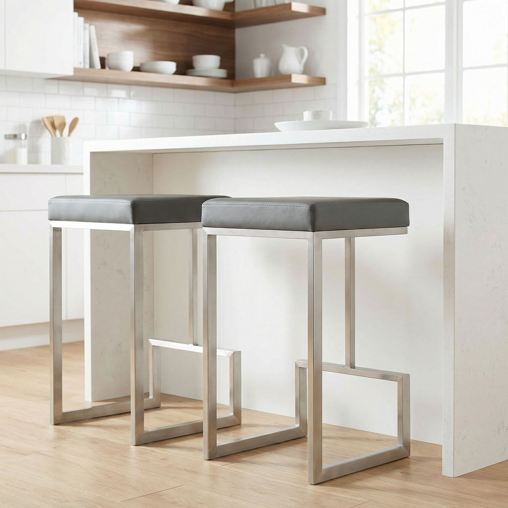 Ares Counter Height Stools in Brushed Stainless Steel, Set of 2, Grey