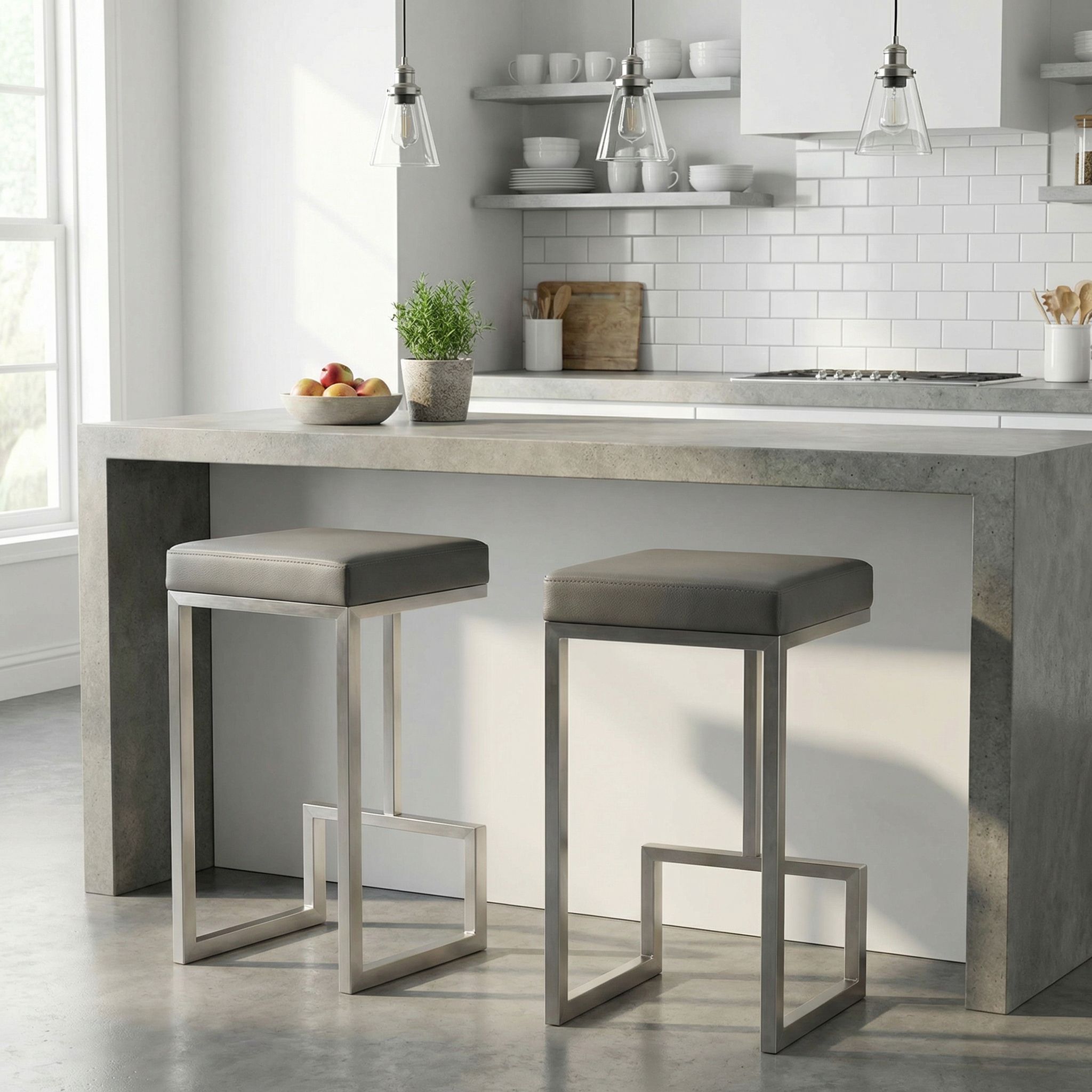 Ares Counter Height Stools in Brushed Stainless Steel, Set of 2, Grey