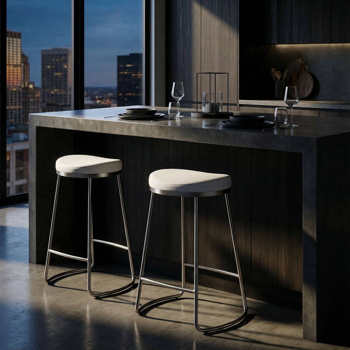 Bianco Backless Counter Height Stools in Brushed Stainless Steel, Set of 2, White