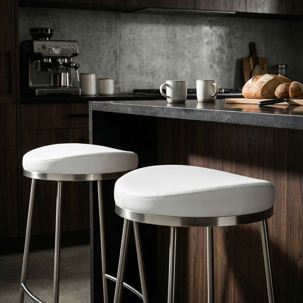 Bianco Backless Counter Height Stools in Brushed Stainless Steel, Set of 2, White
