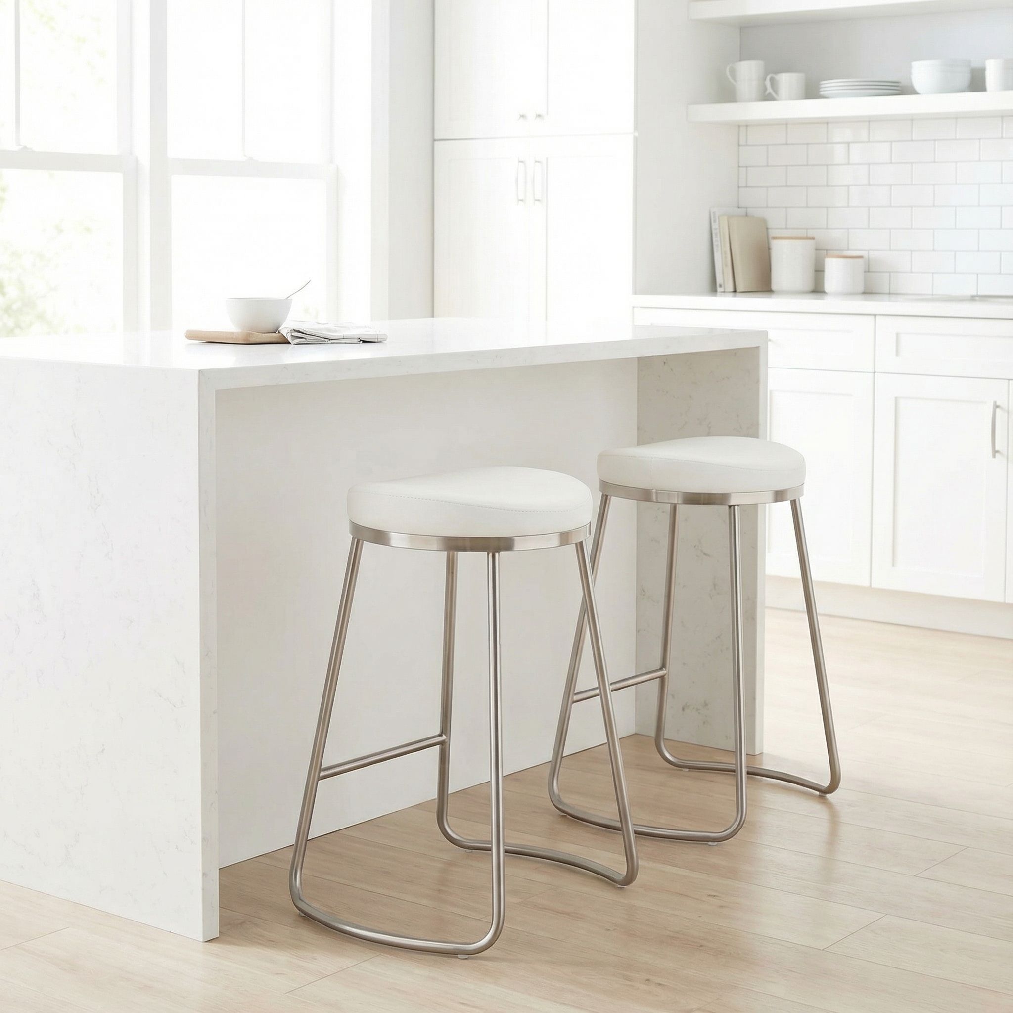 Bianco Backless Counter Height Stools in Brushed Stainless Steel, Set of 2, White