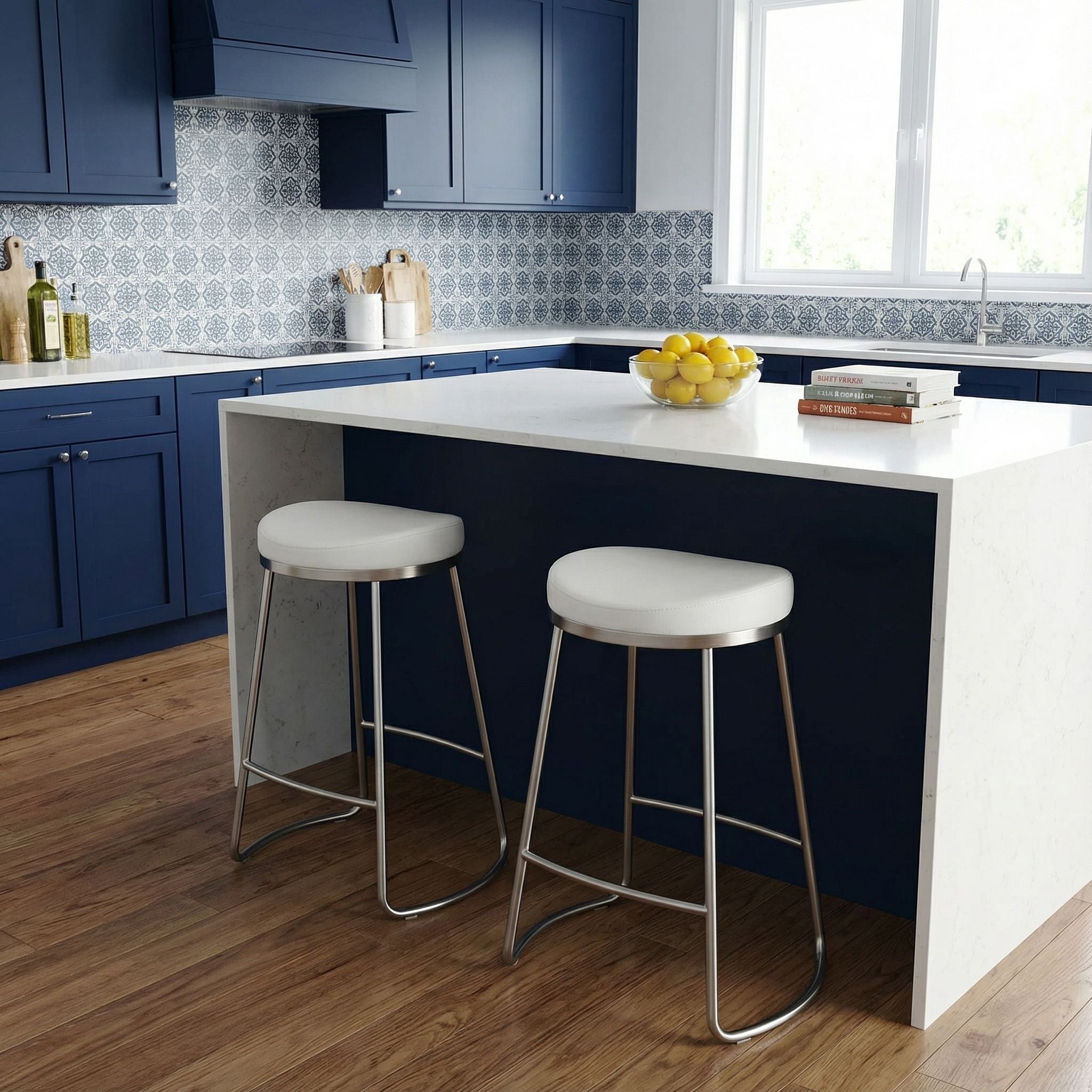 Bianco Backless Counter Height Stools in Brushed Stainless Steel, Set of 2, White