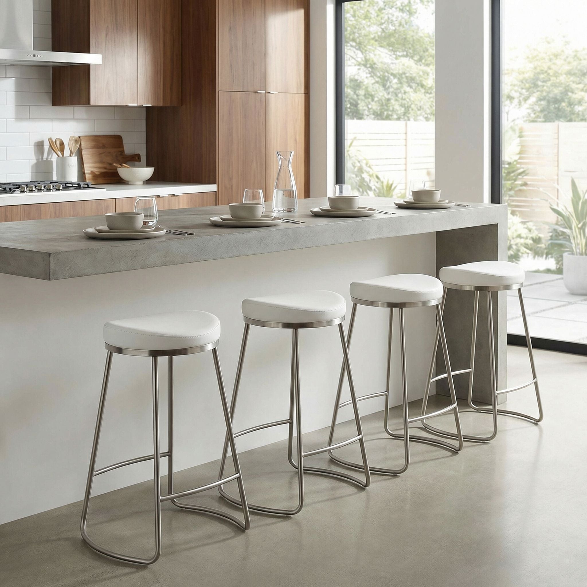Bianco Backless Counter Height Stools in Brushed Stainless Steel, Set of 2, White