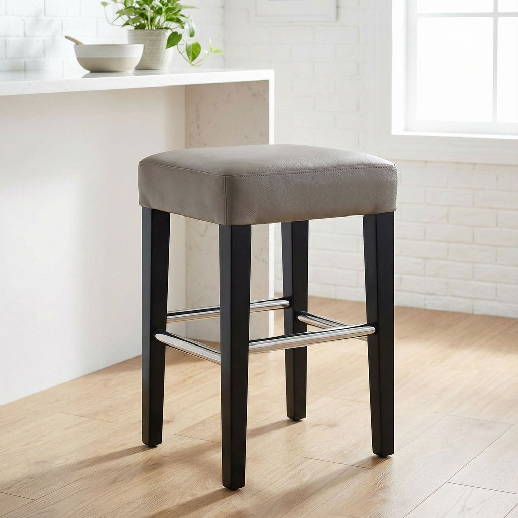 Delta Counter Stool in Genuine Leather with Black Legs, Taupe Grey