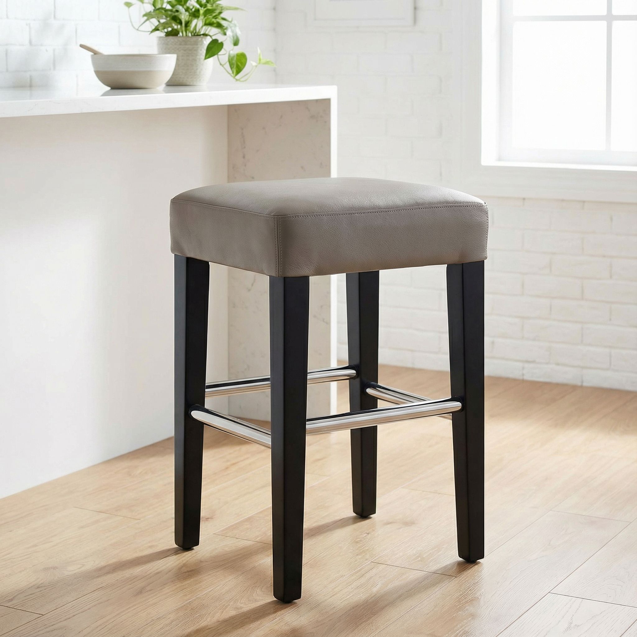 Delta Counter Stool in Genuine Leather with Black Legs, Taupe Grey
