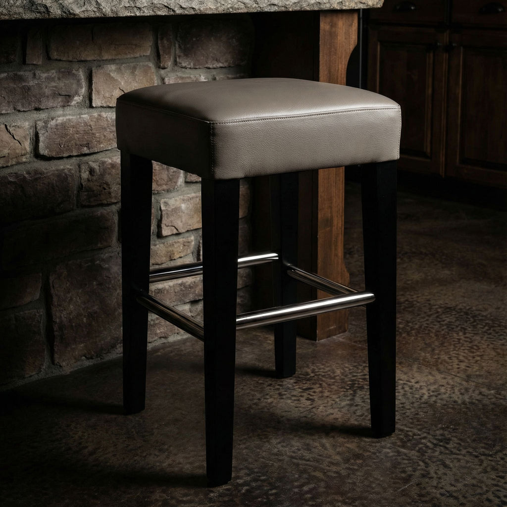 Delta Counter Stool in Genuine Leather with Black Legs, Taupe Grey