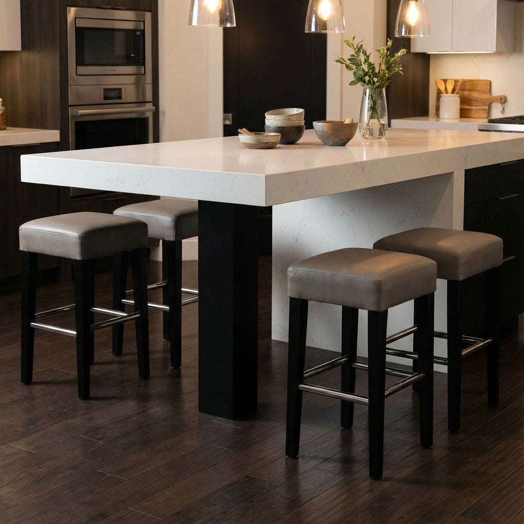 Delta Counter Stool in Genuine Leather with Black Legs, Taupe Grey