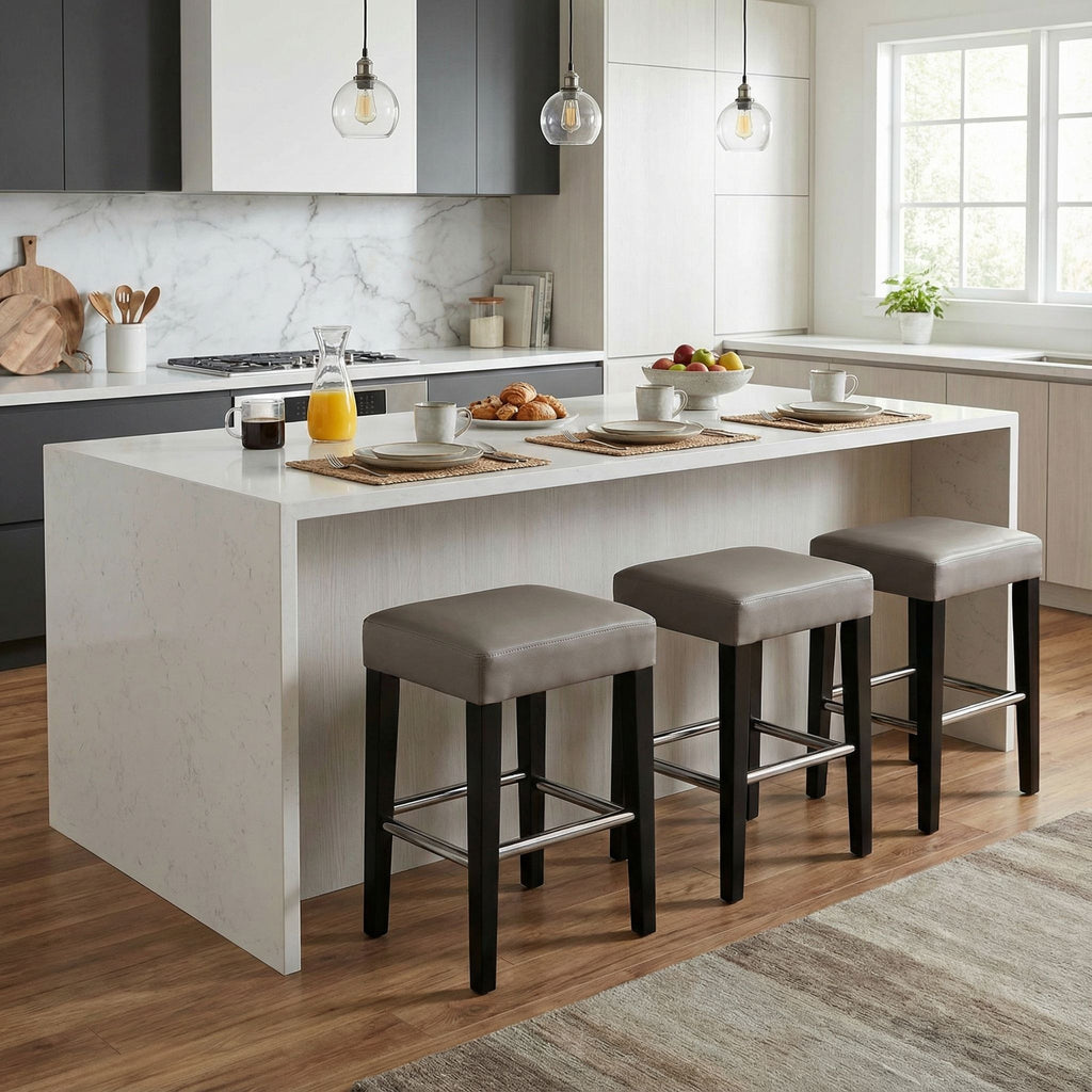 Delta Counter Stool in Genuine Leather with Black Legs, Taupe Grey