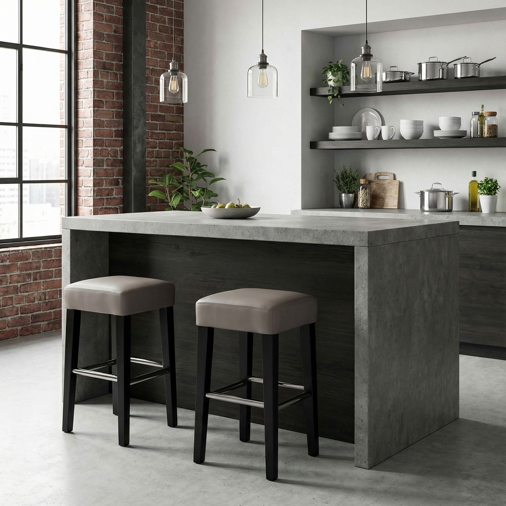 Delta Counter Stool in Genuine Leather with Black Legs, Taupe Grey