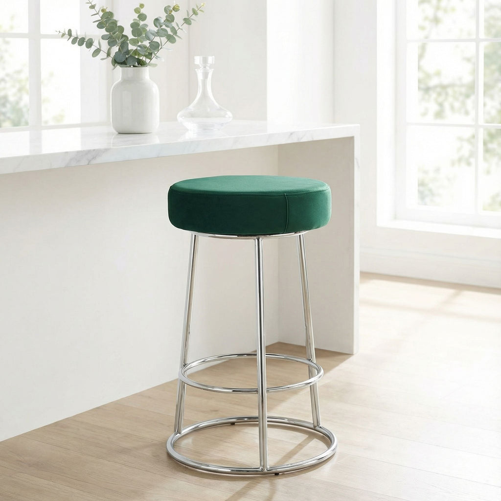 Bodiam Counterstool in Green Velvet and Chrome Metal, 24"