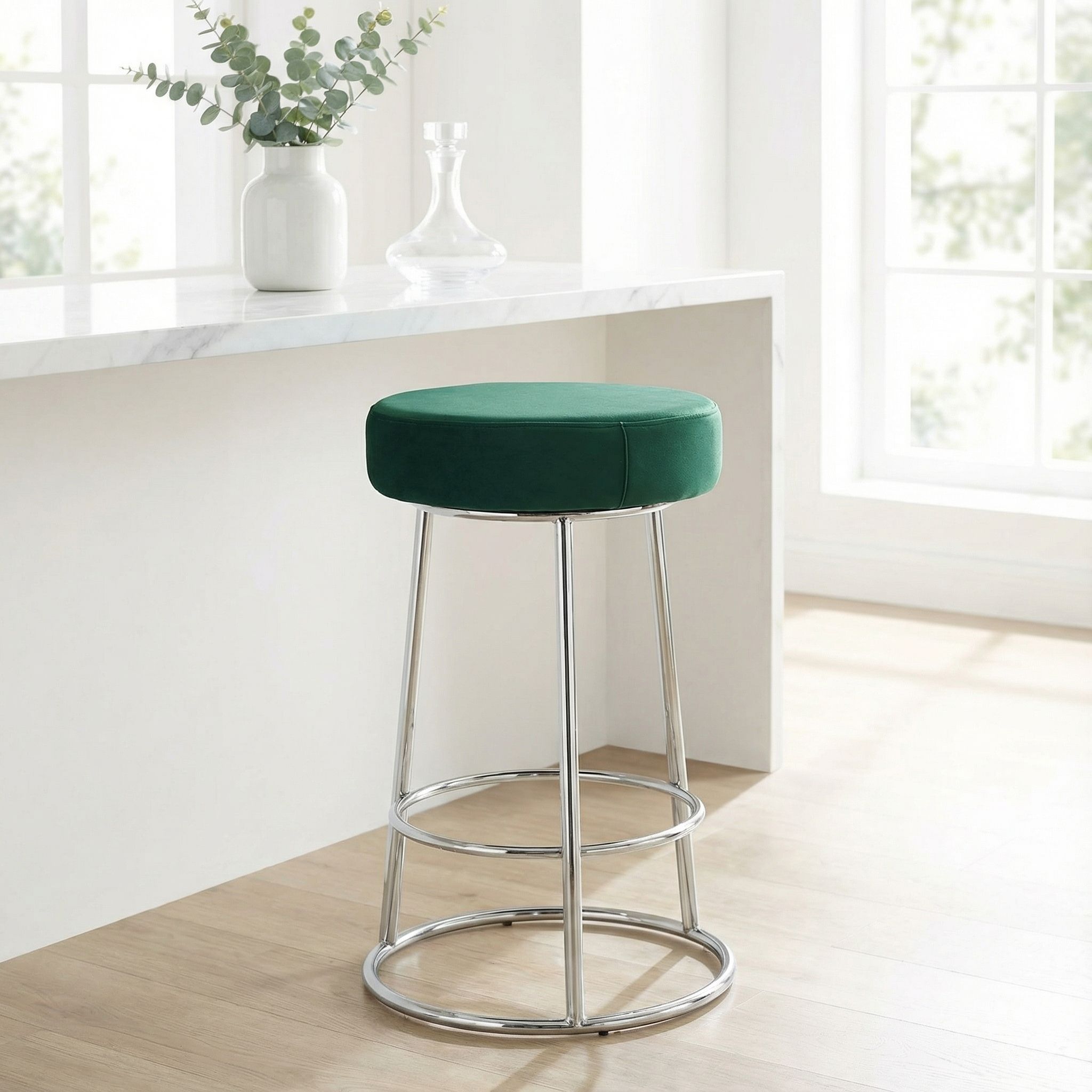 Bodiam Counterstool in Green Velvet and Chrome Metal, 24"