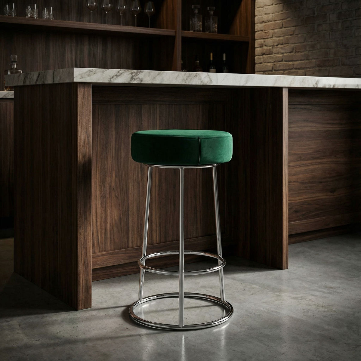 Bodiam Counterstool in Green Velvet and Chrome Metal, 24"