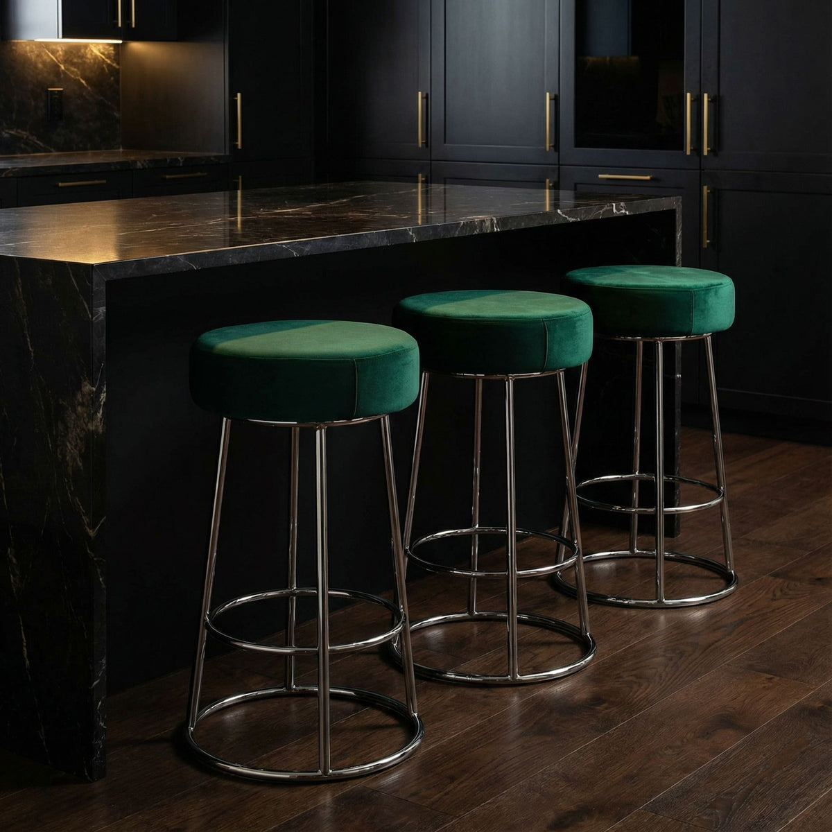 Bodiam Counterstool in Green Velvet and Chrome Metal, 24"