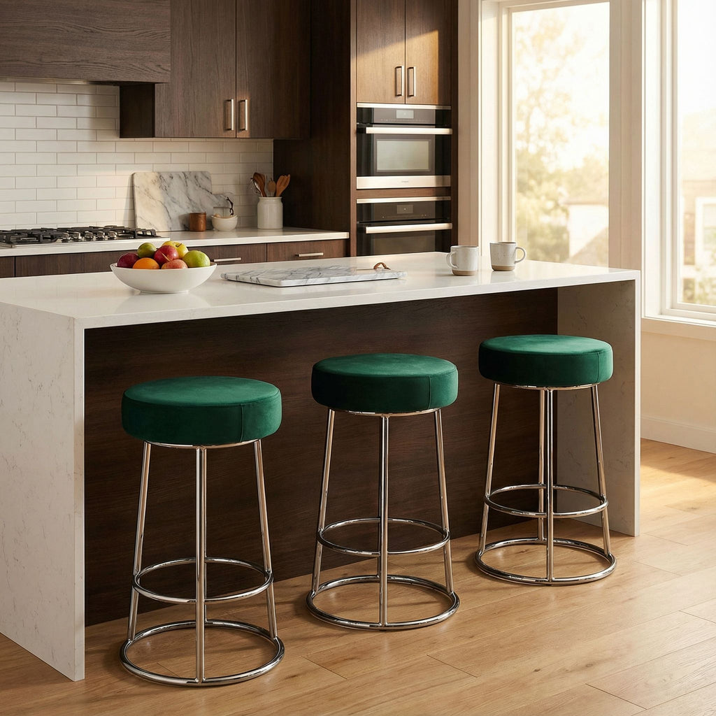 Bodiam Counterstool in Green Velvet and Chrome Metal, 24"