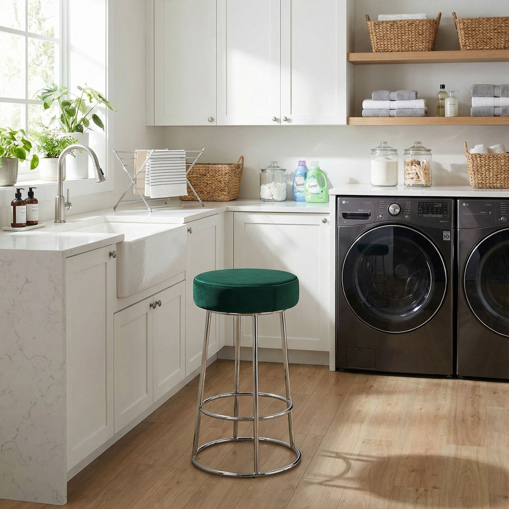 Bodiam Counterstool in Green Velvet and Chrome Metal, 24"